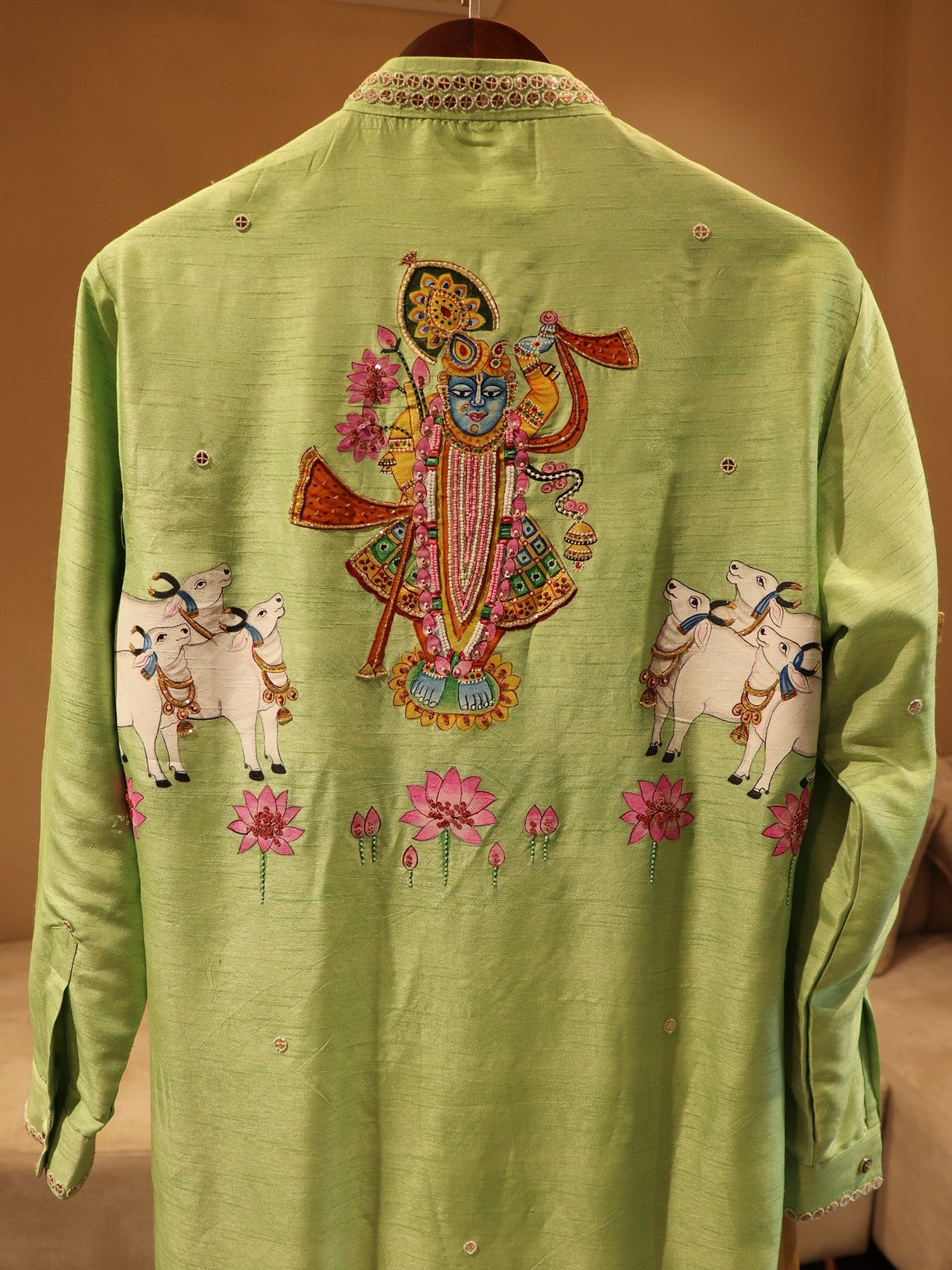 Pista green shreenathji pichwai handpainted mens kurta