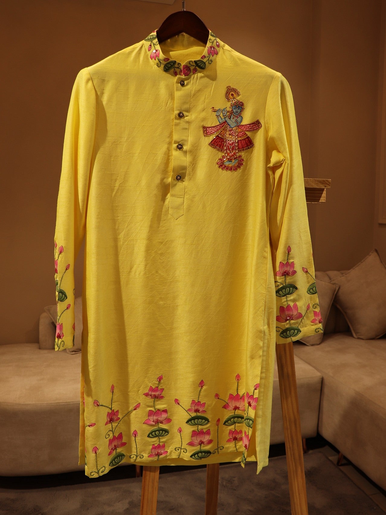 Yellow shreenathji pichwai handpainted mens kurta