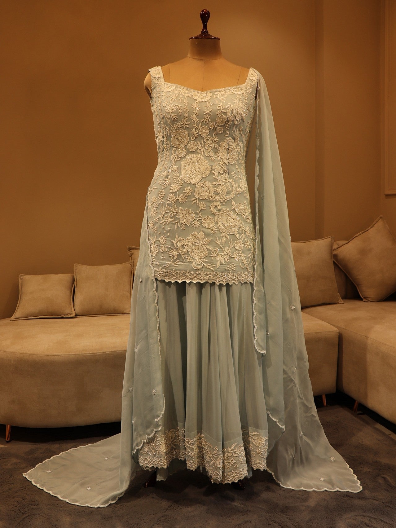 Powder blue greyish kurti with plazo and dupatta