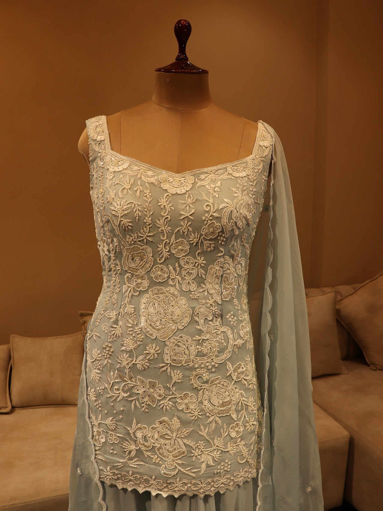 Powder blue greyish kurti with plazo and dupatta