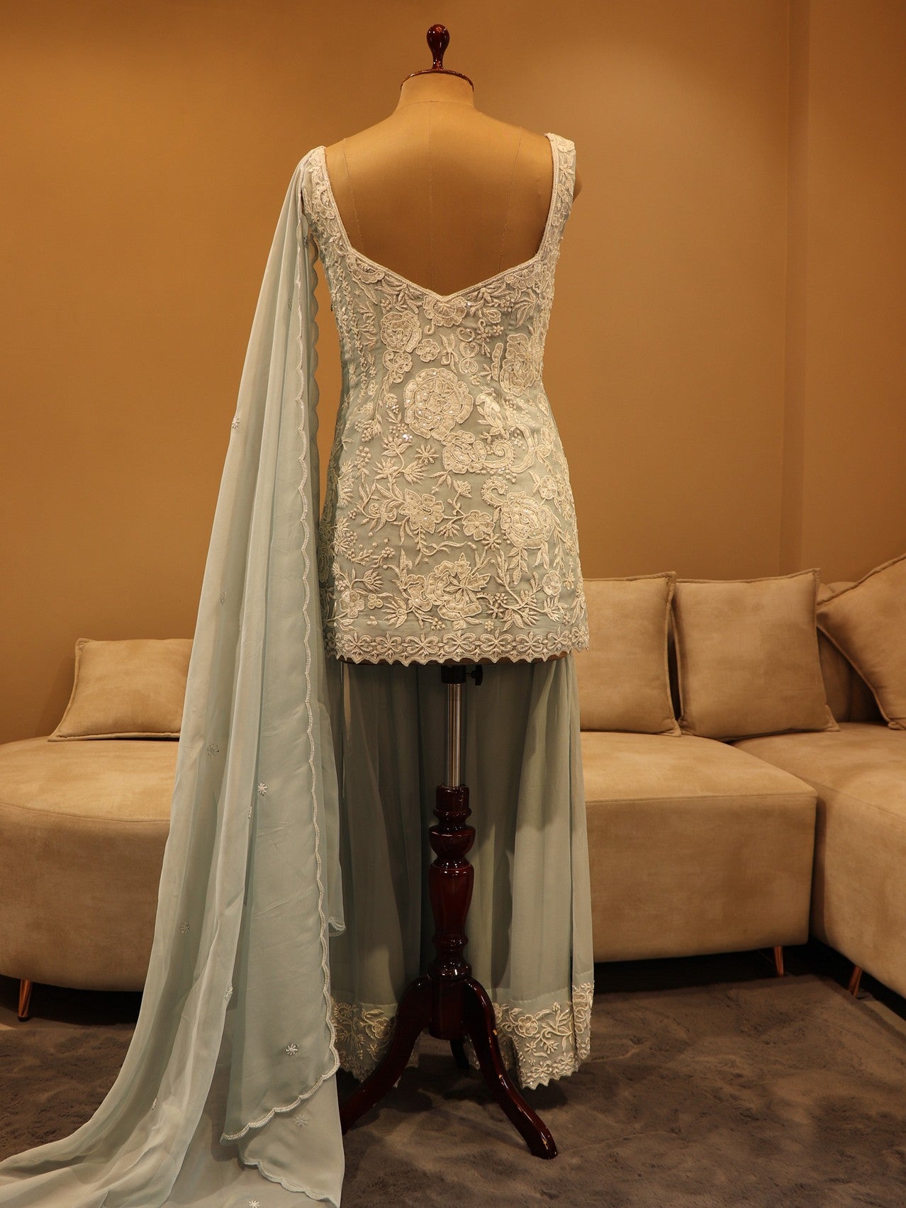 Powder blue greyish kurti with plazo and dupatta