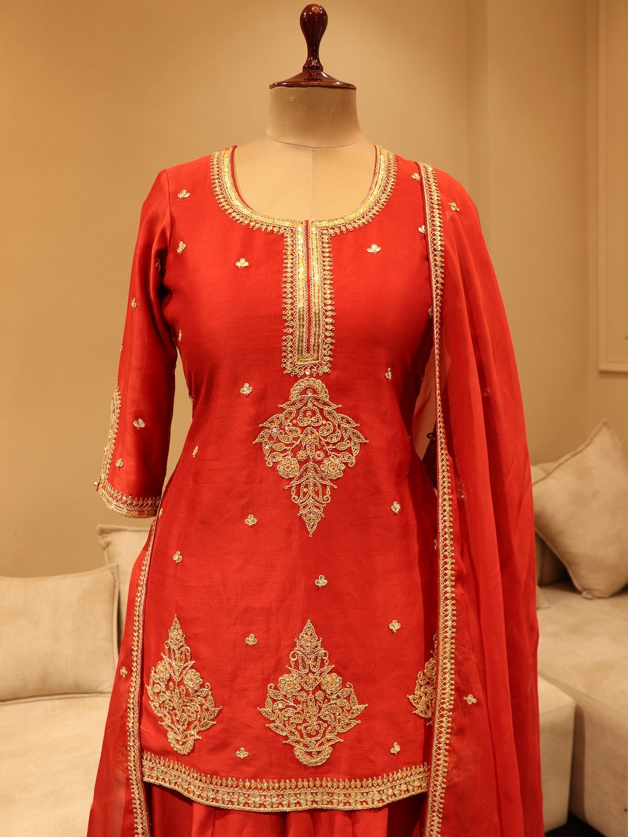 Red marodi kurta with plazo and kurta