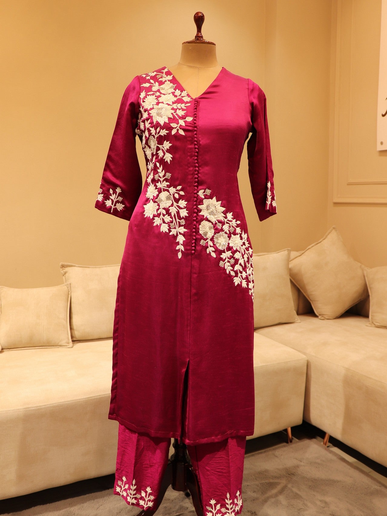 Magenta kurta with pants and dupatta