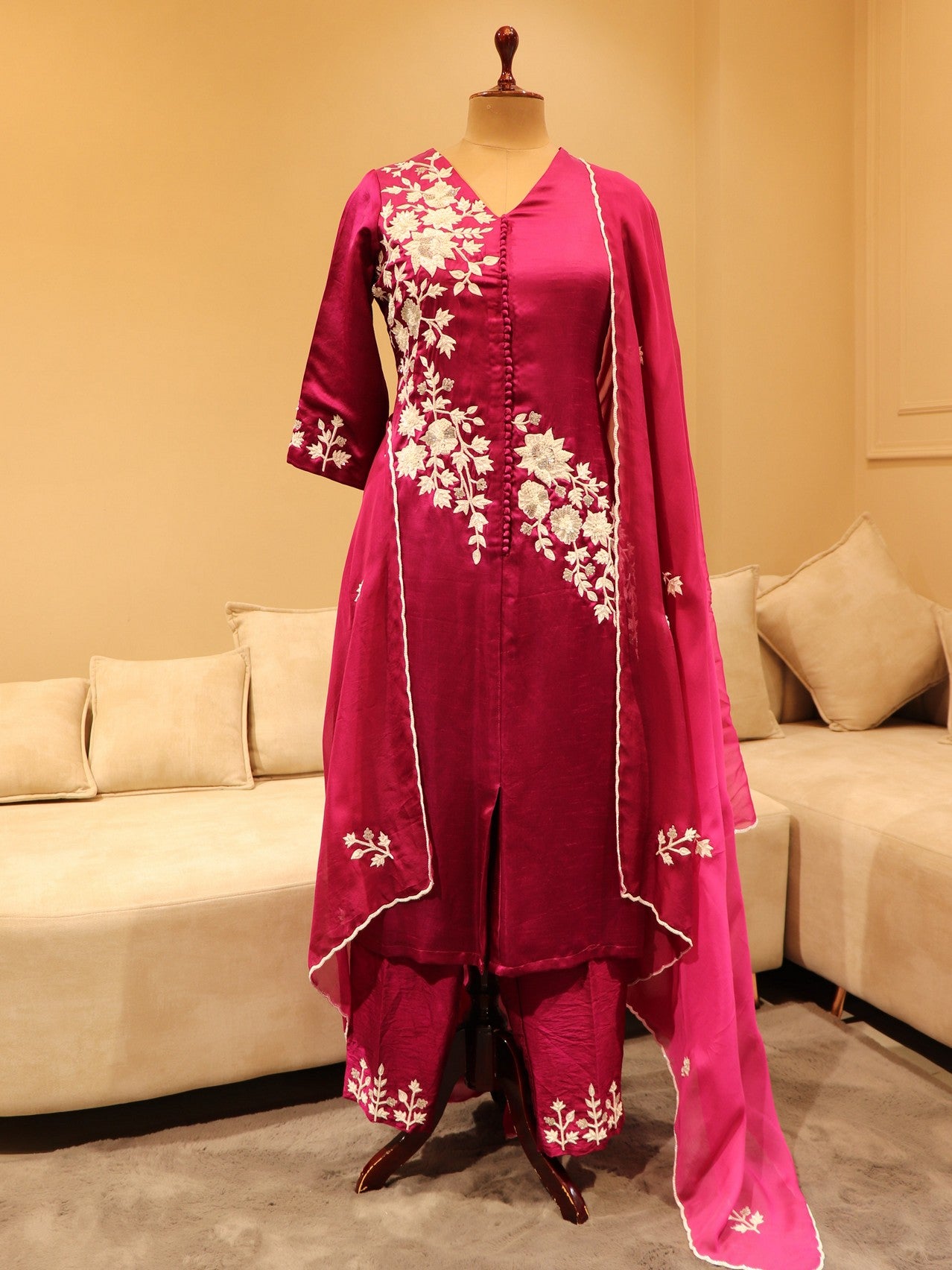 Magenta kurta with pants and dupatta