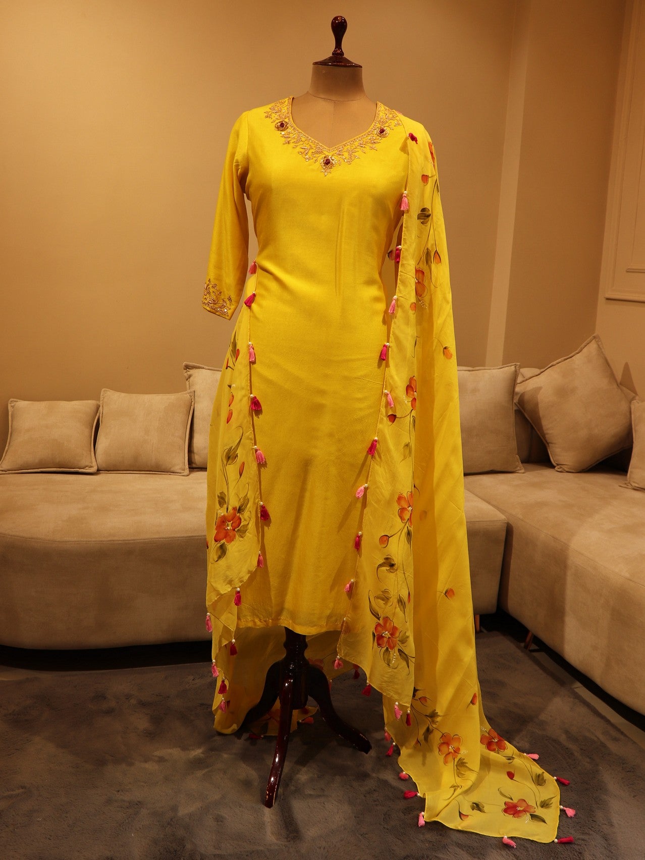 Yellow kurta pants with handpainted dupatta set