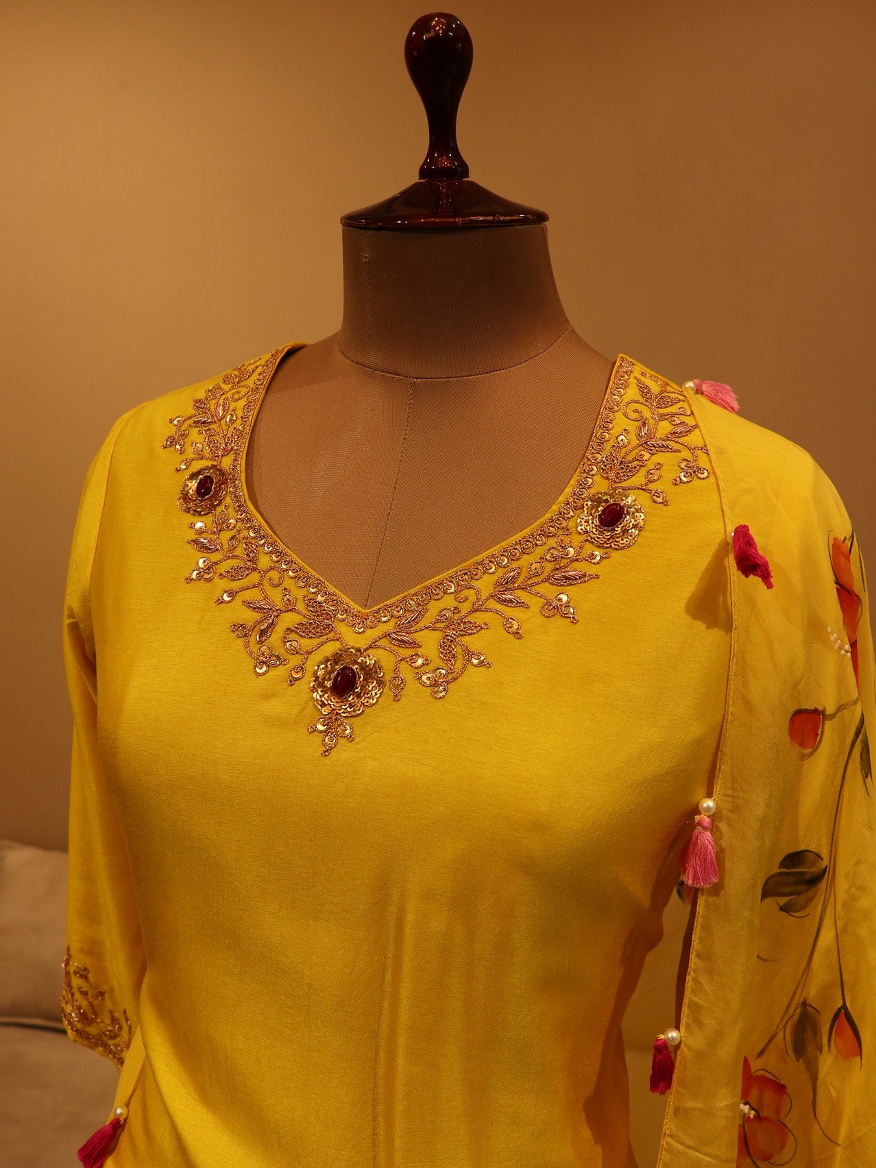 Yellow kurta pants with handpainted dupatta set