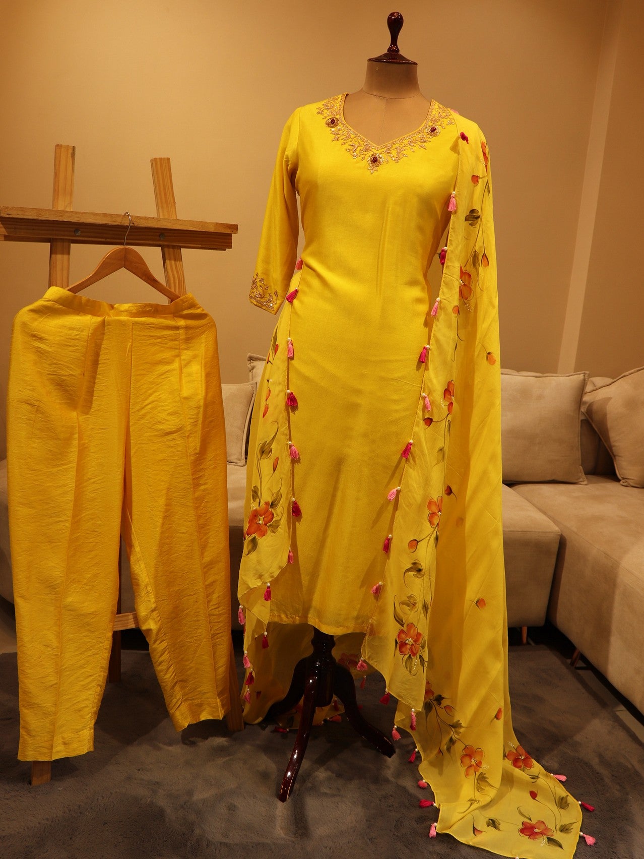 Yellow kurta pants with handpainted dupatta set