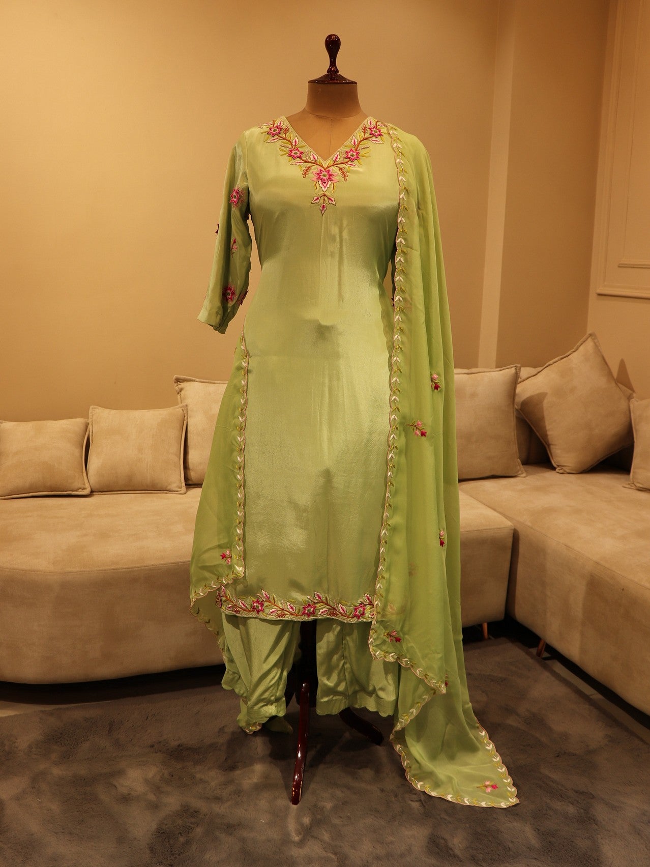 Olive green kurta with pants and dupatta