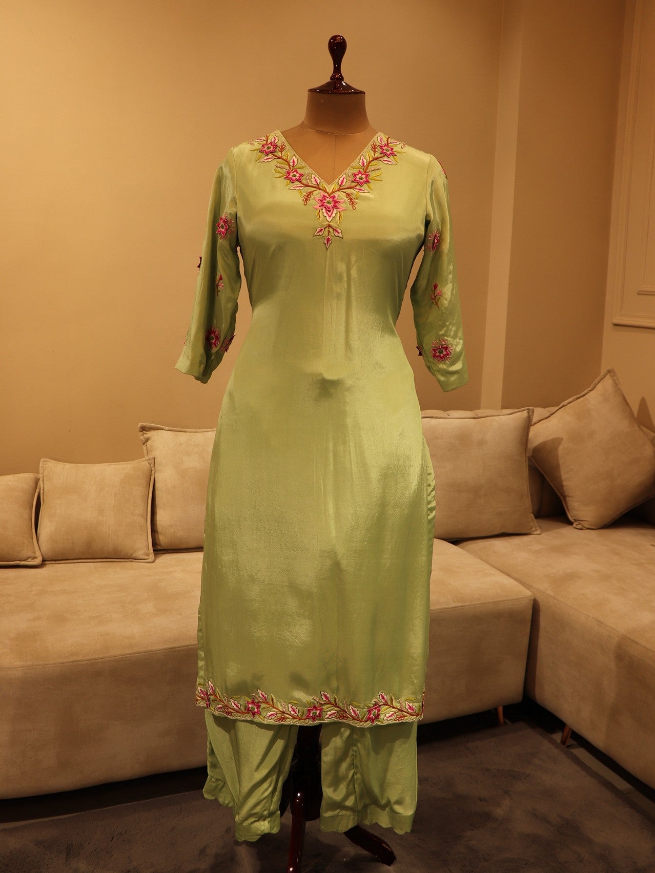 Olive green kurta with pants and dupatta