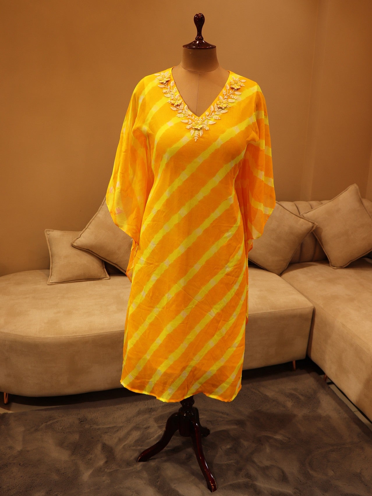 yellow leheriya kaftan with pants