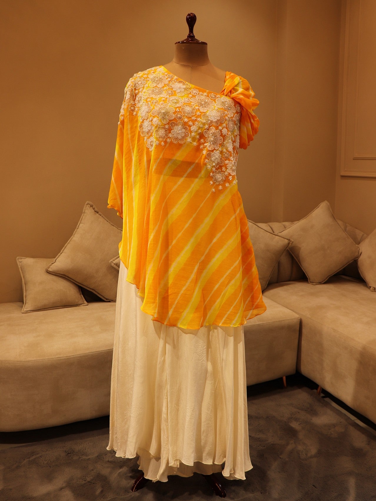 Yellow leheriya top with flaired plazo