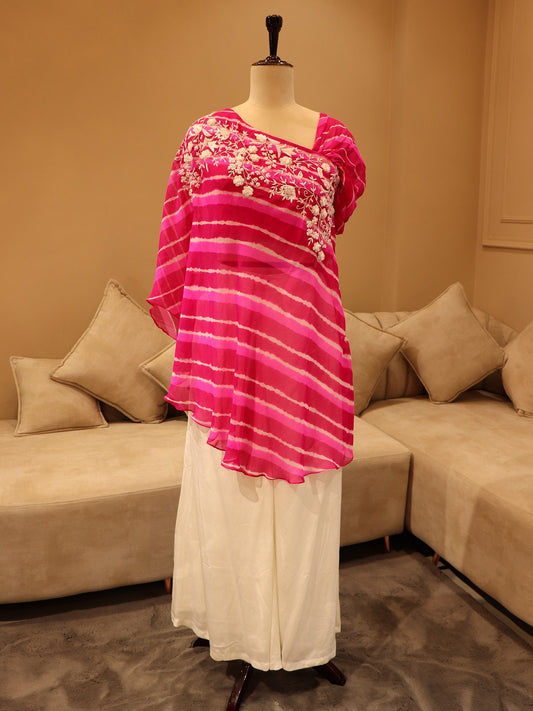 Rani pink leheriya cape top with flaired plazo