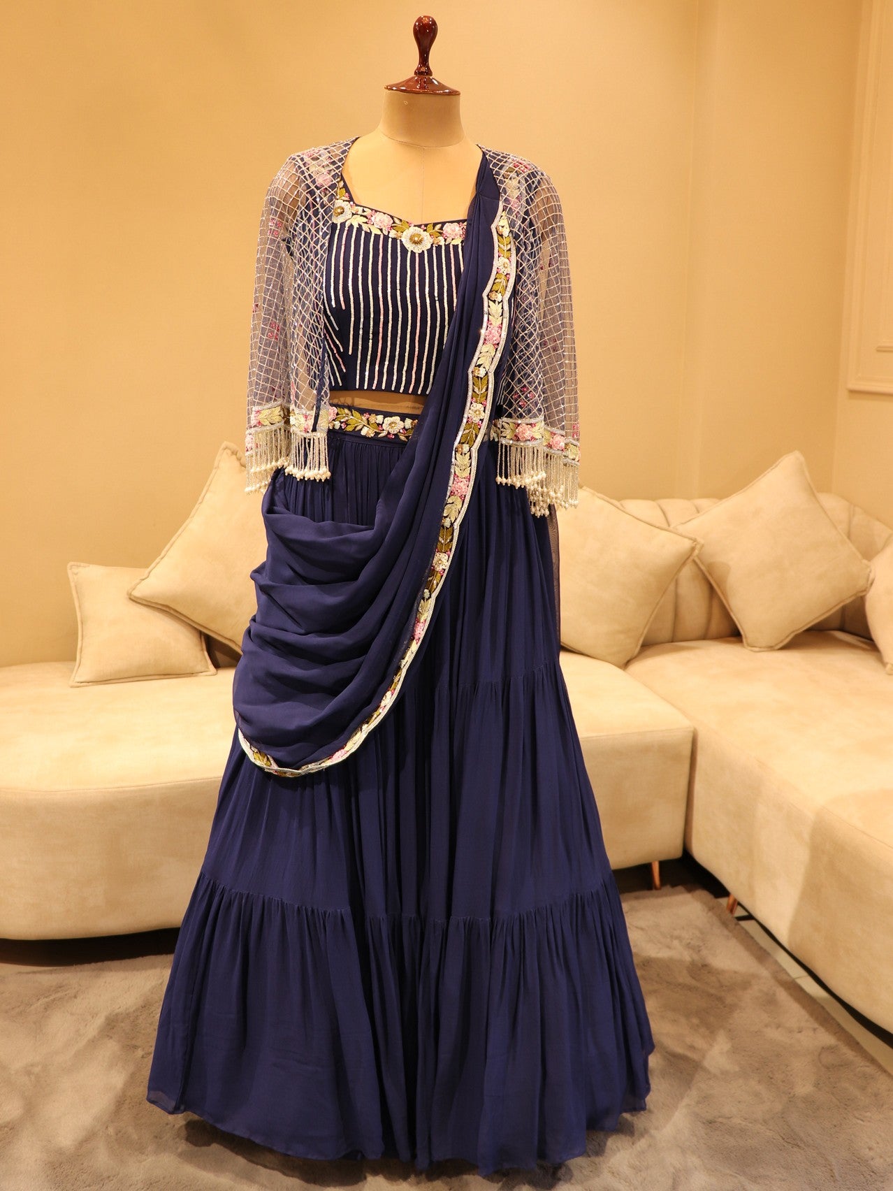 Navy blue crop top with sharara skirt and cape