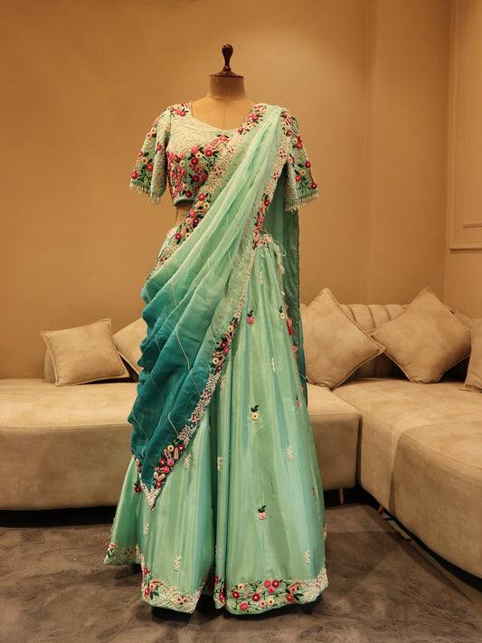 Sea green shaded embroidered lehenga set