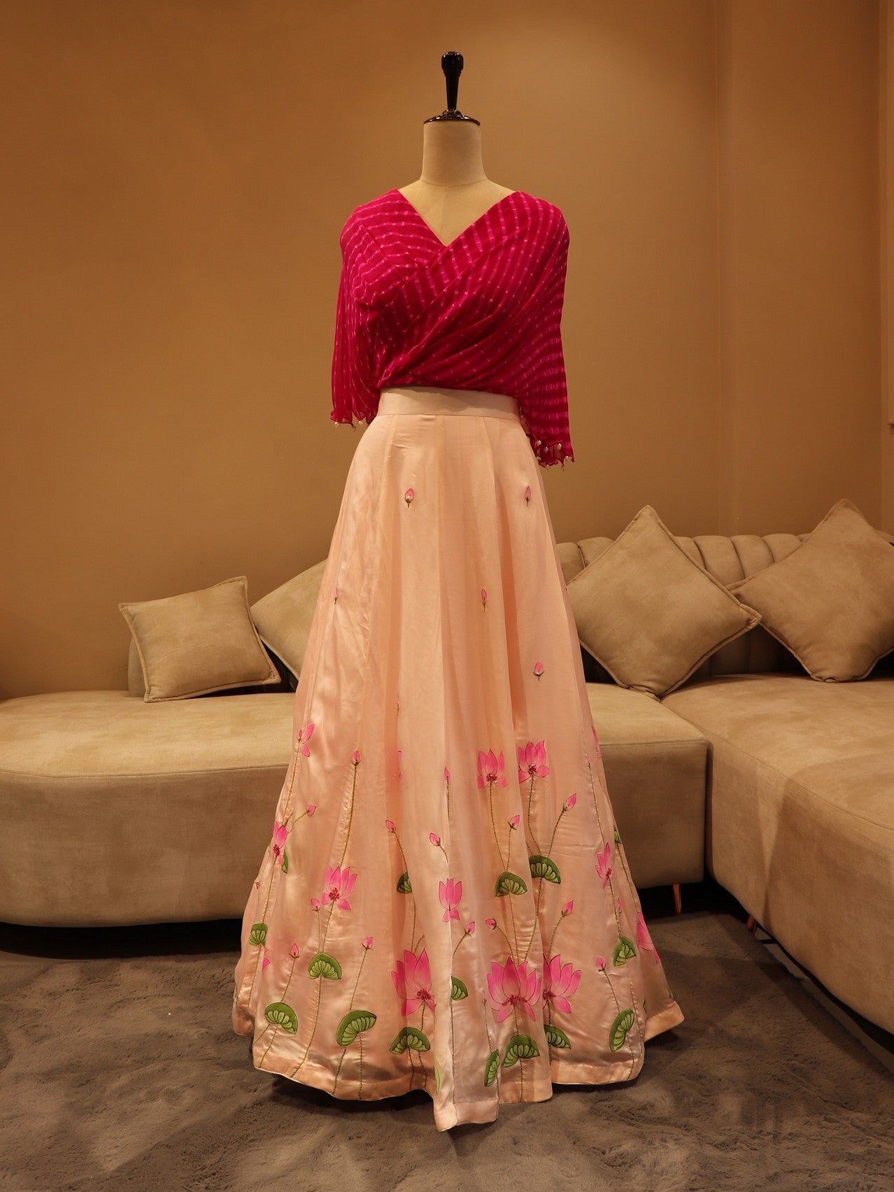 Rani mothada cape top with pink pichwai handpainted skirt