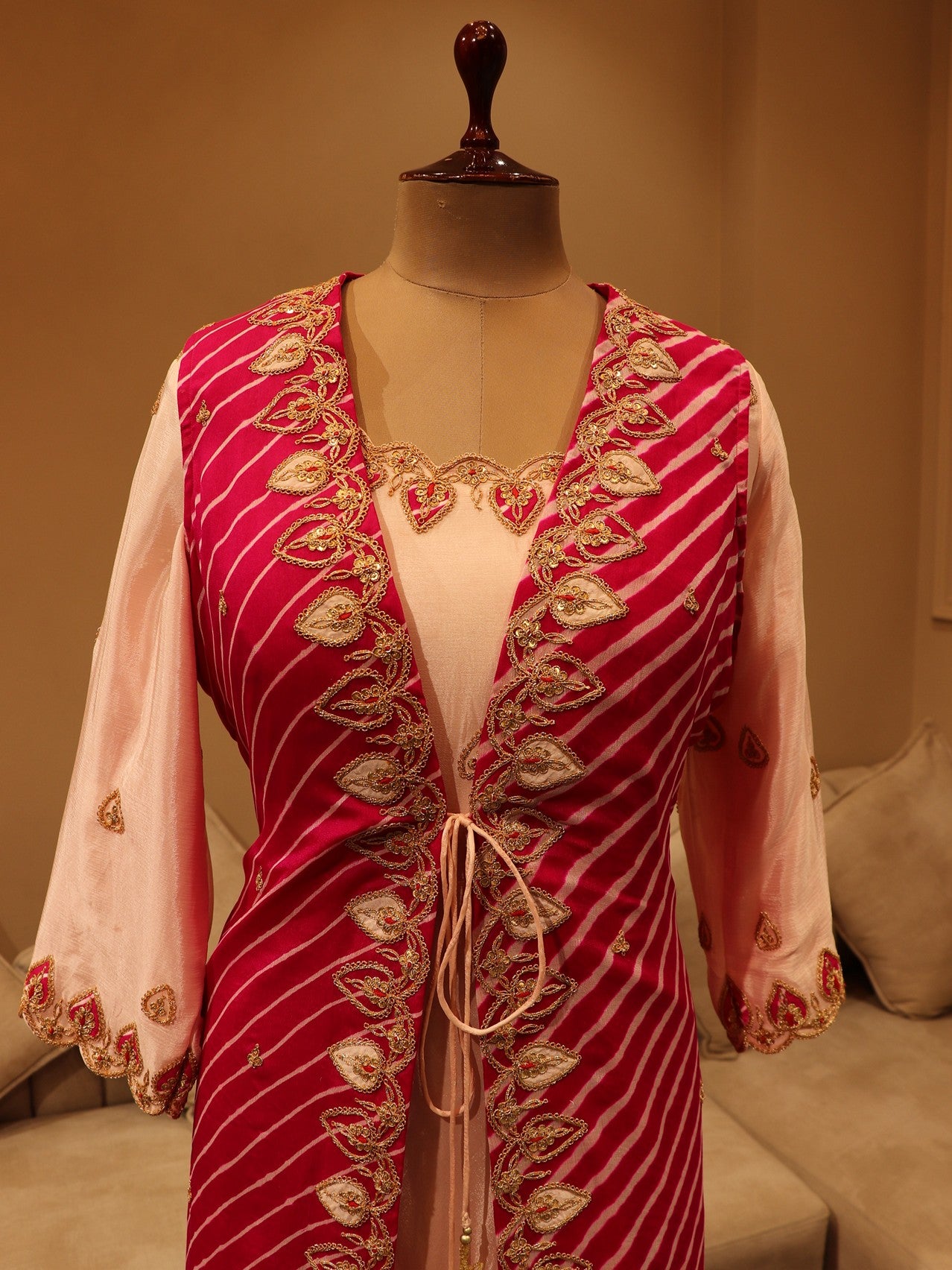 Rani leheriya shrug with blush pink gown