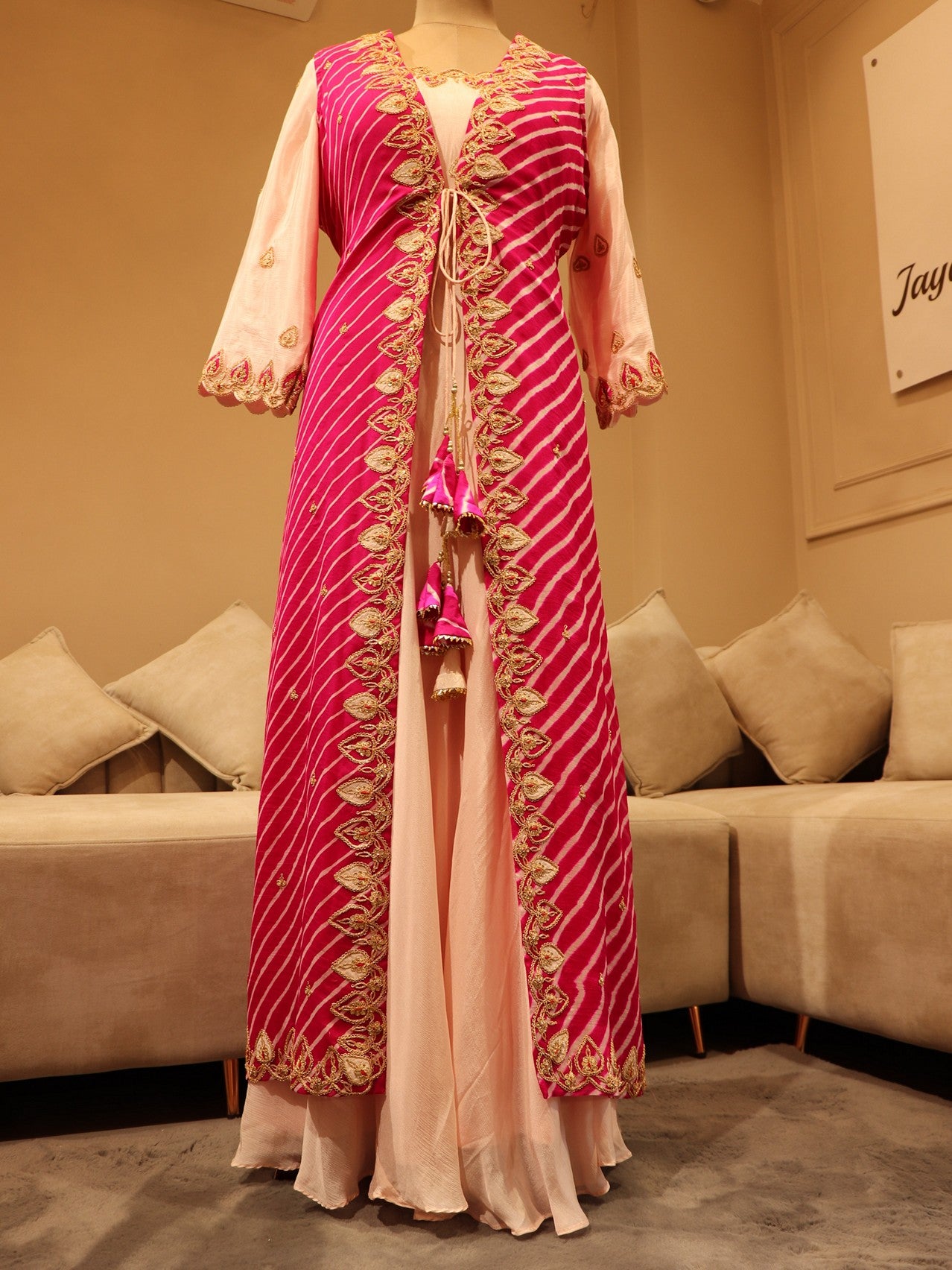 Rani leheriya shrug with blush pink gown