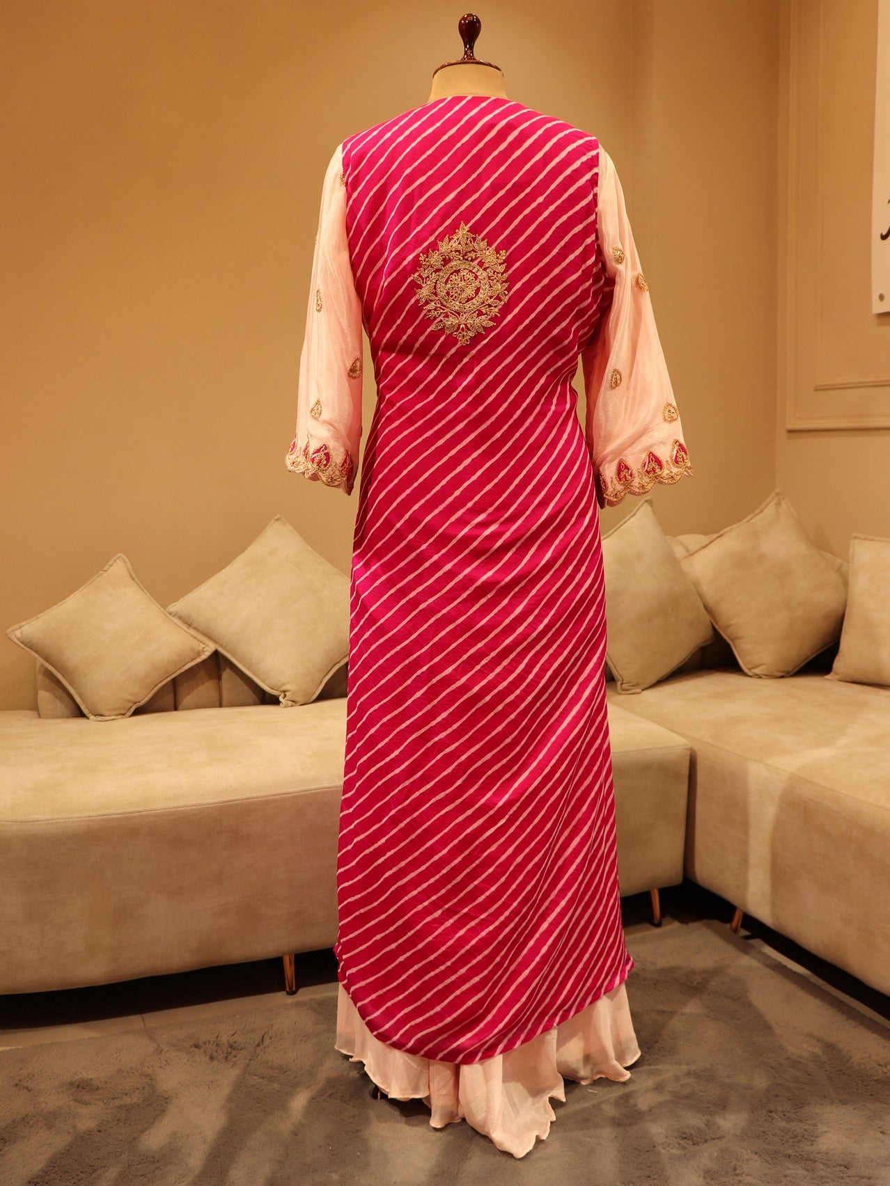 Rani leheriya shrug with blush pink gown