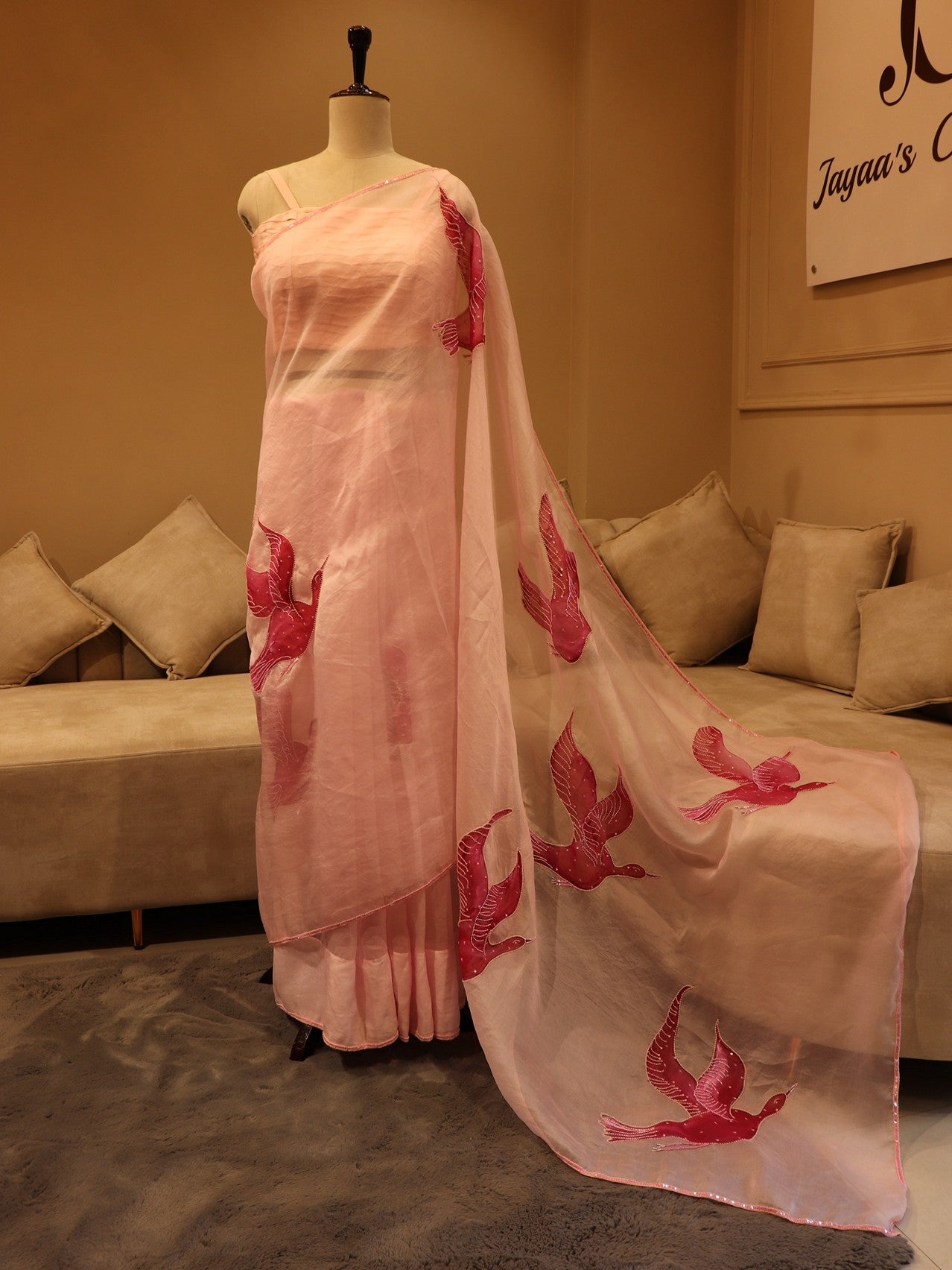 Blush pink birds Handpainted saree with blouse