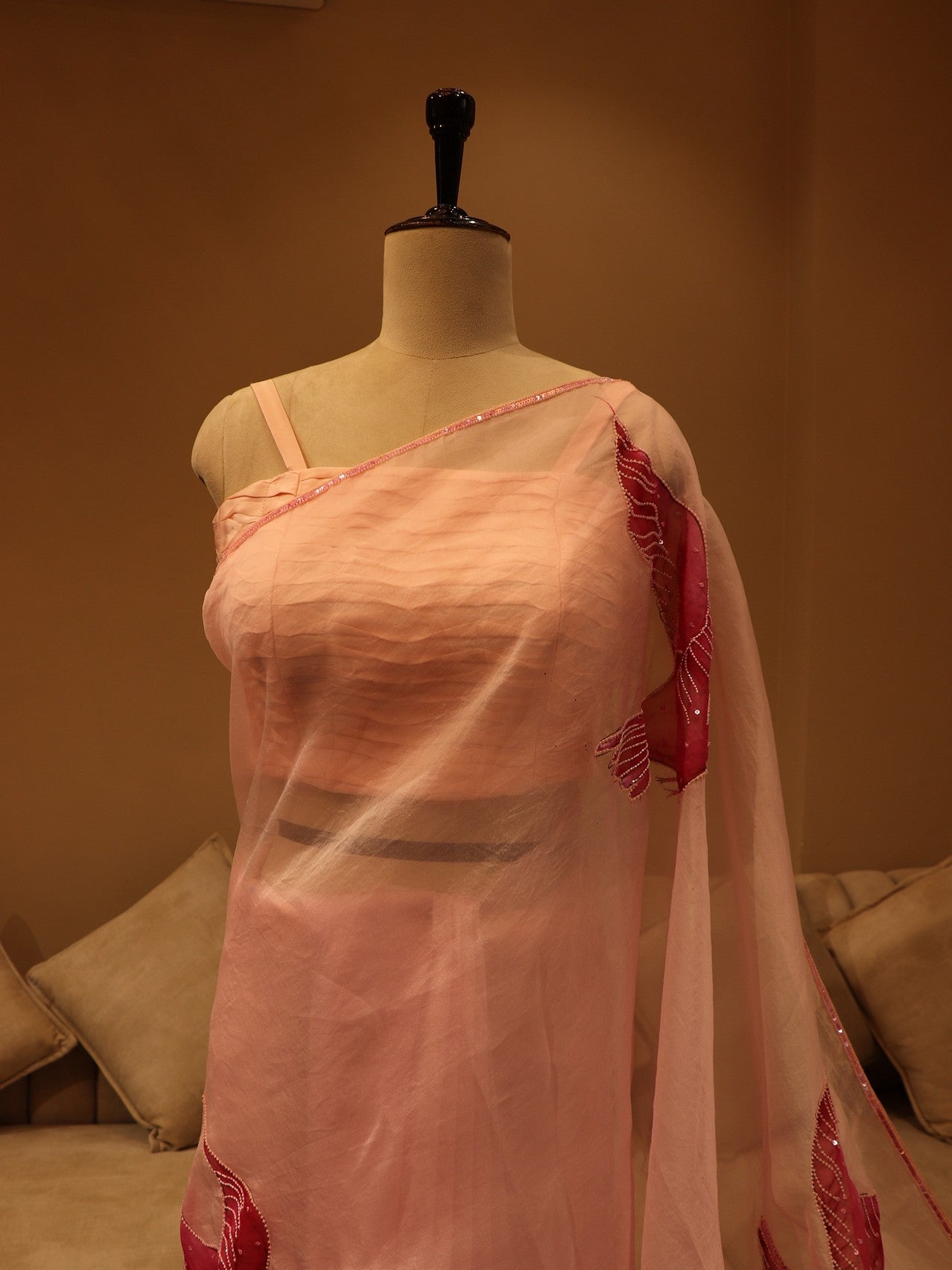 Blush pink birds Handpainted saree with blouse