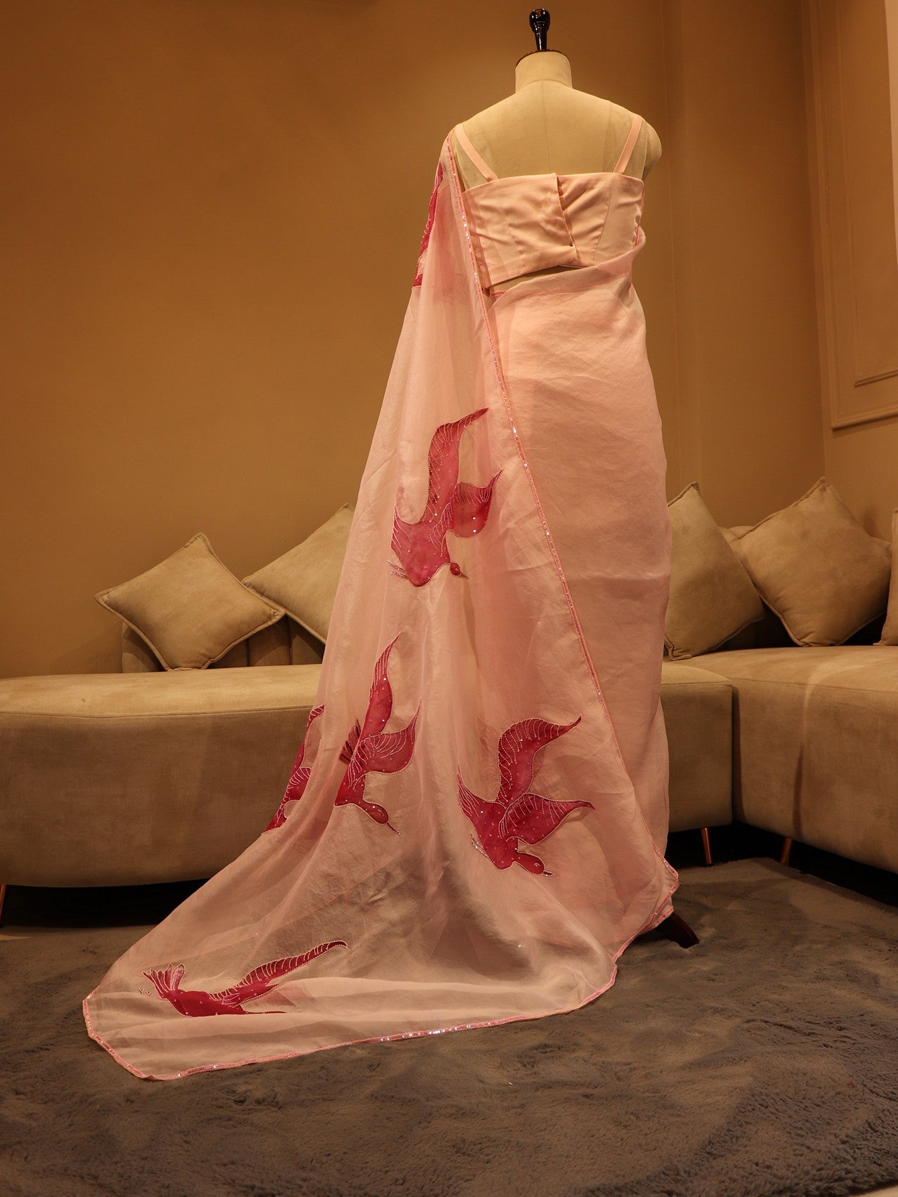 Blush pink birds Handpainted saree with blouse