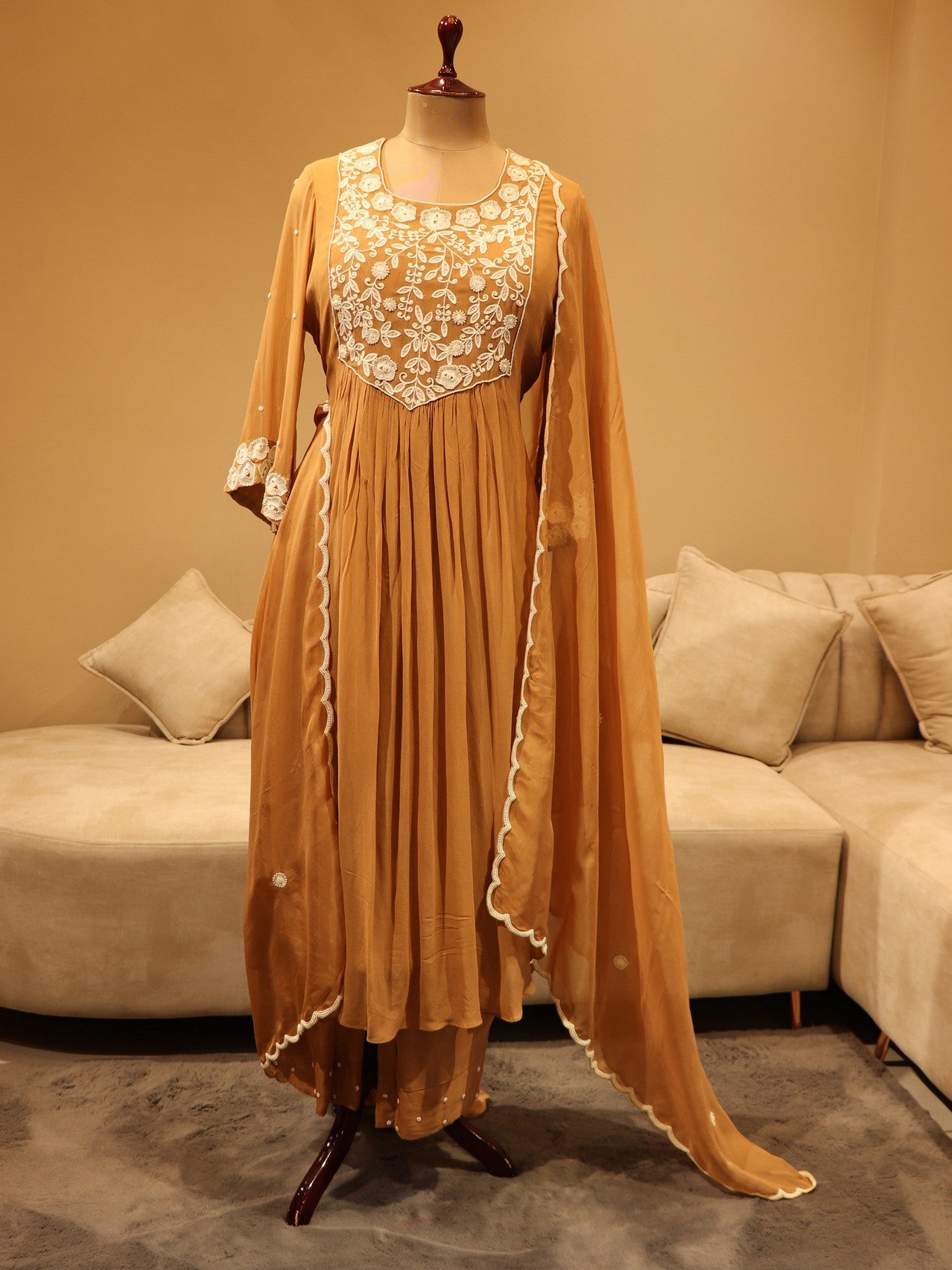 Caramel brown applique kurti with plazo and dupatta