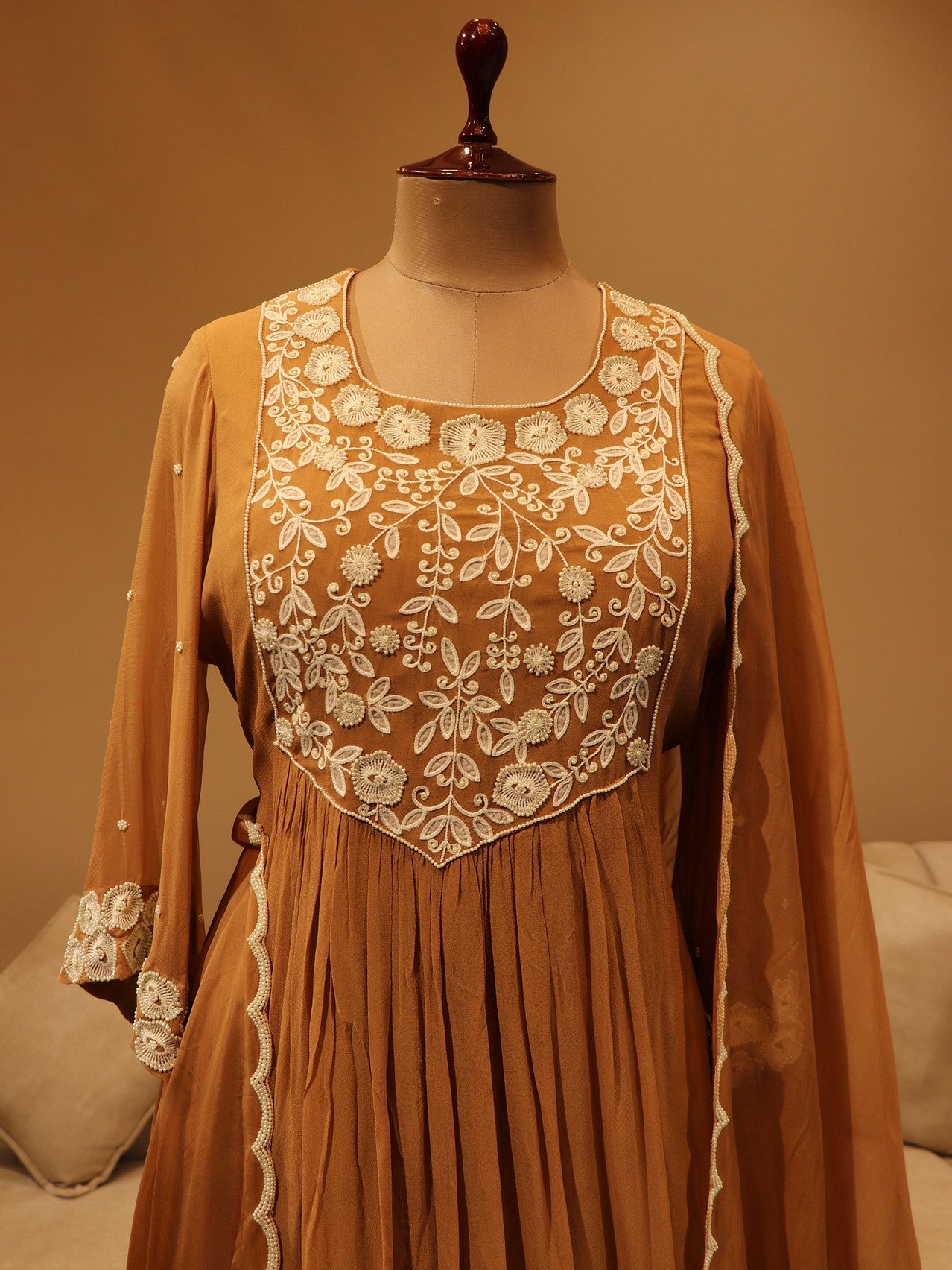 Caramel brown applique kurti with plazo and dupatta