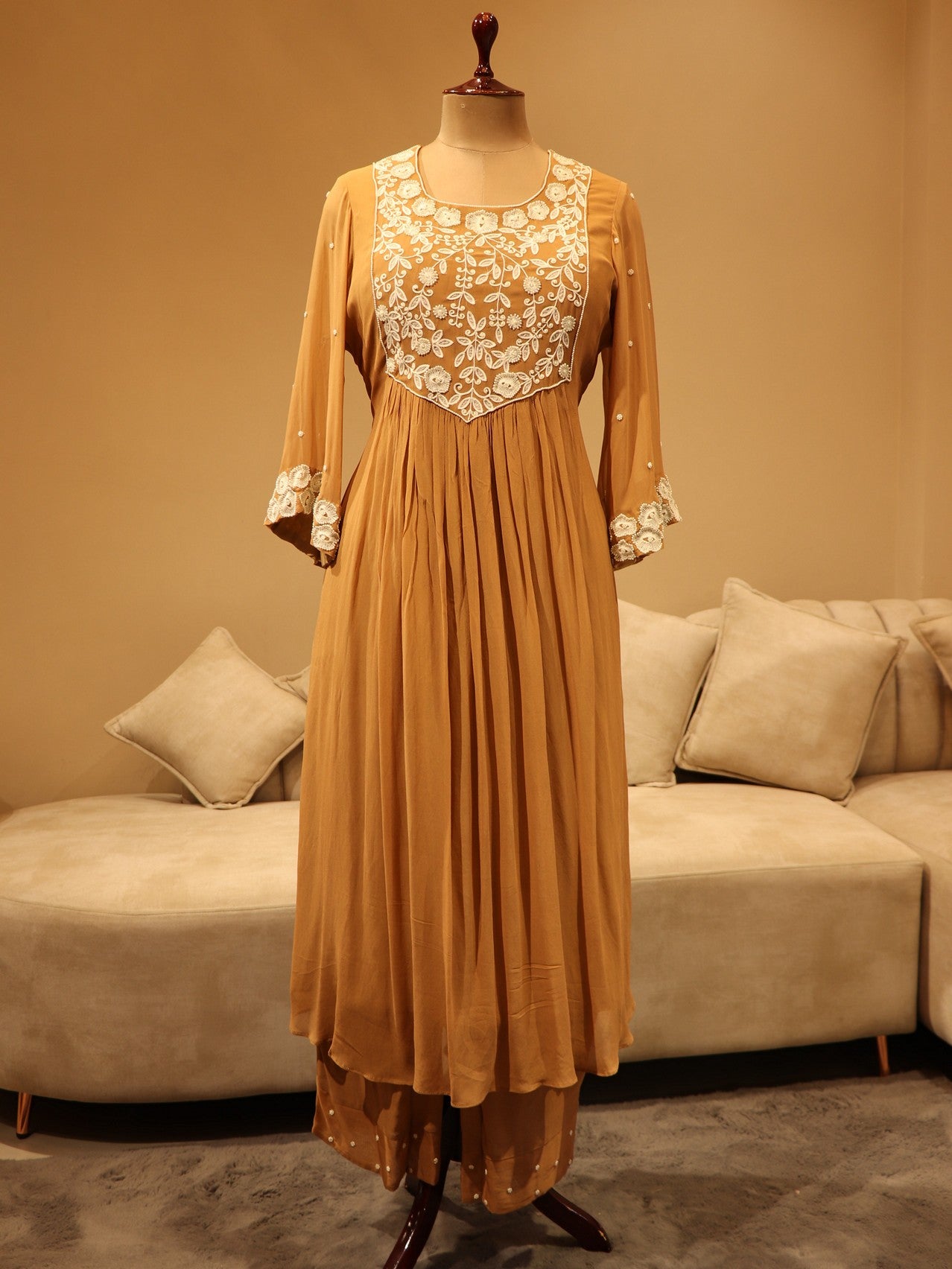 Caramel brown applique kurti with plazo and dupatta