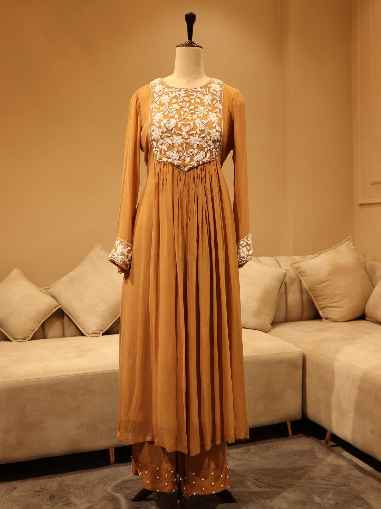 Caramel brown pearl kurti with plazo and dupatta