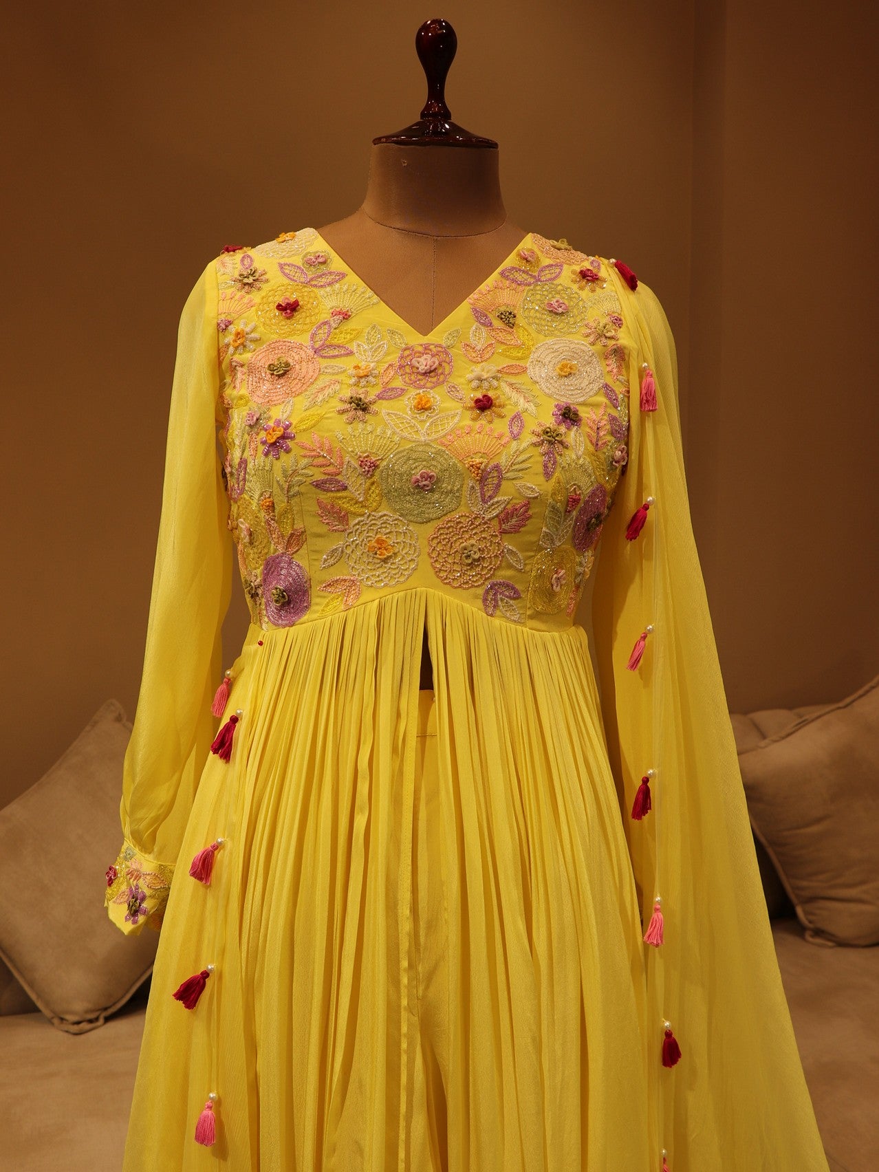 Yellow embroidered top with plazo and dupatta