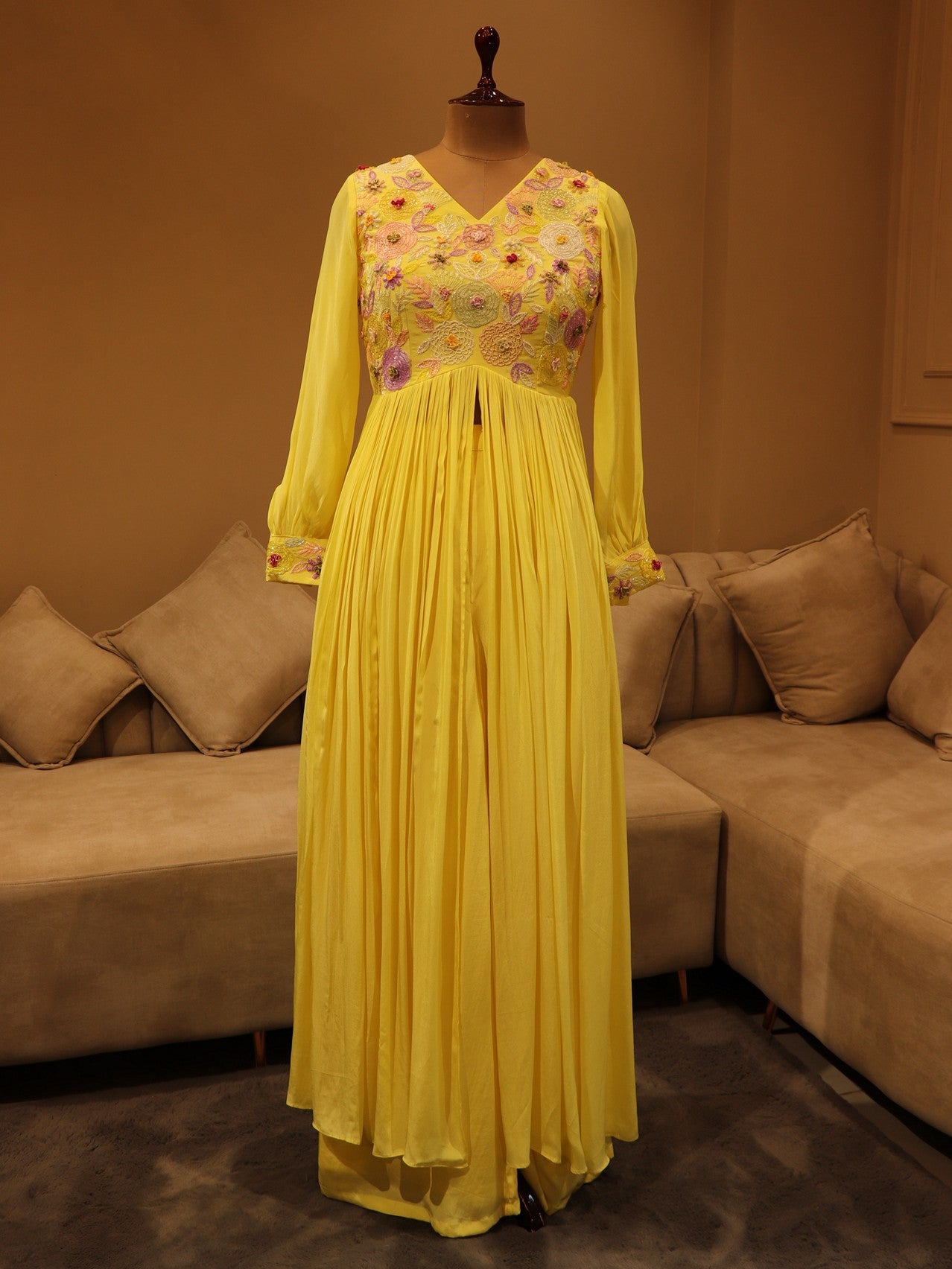 Yellow embroidered top with plazo and dupatta