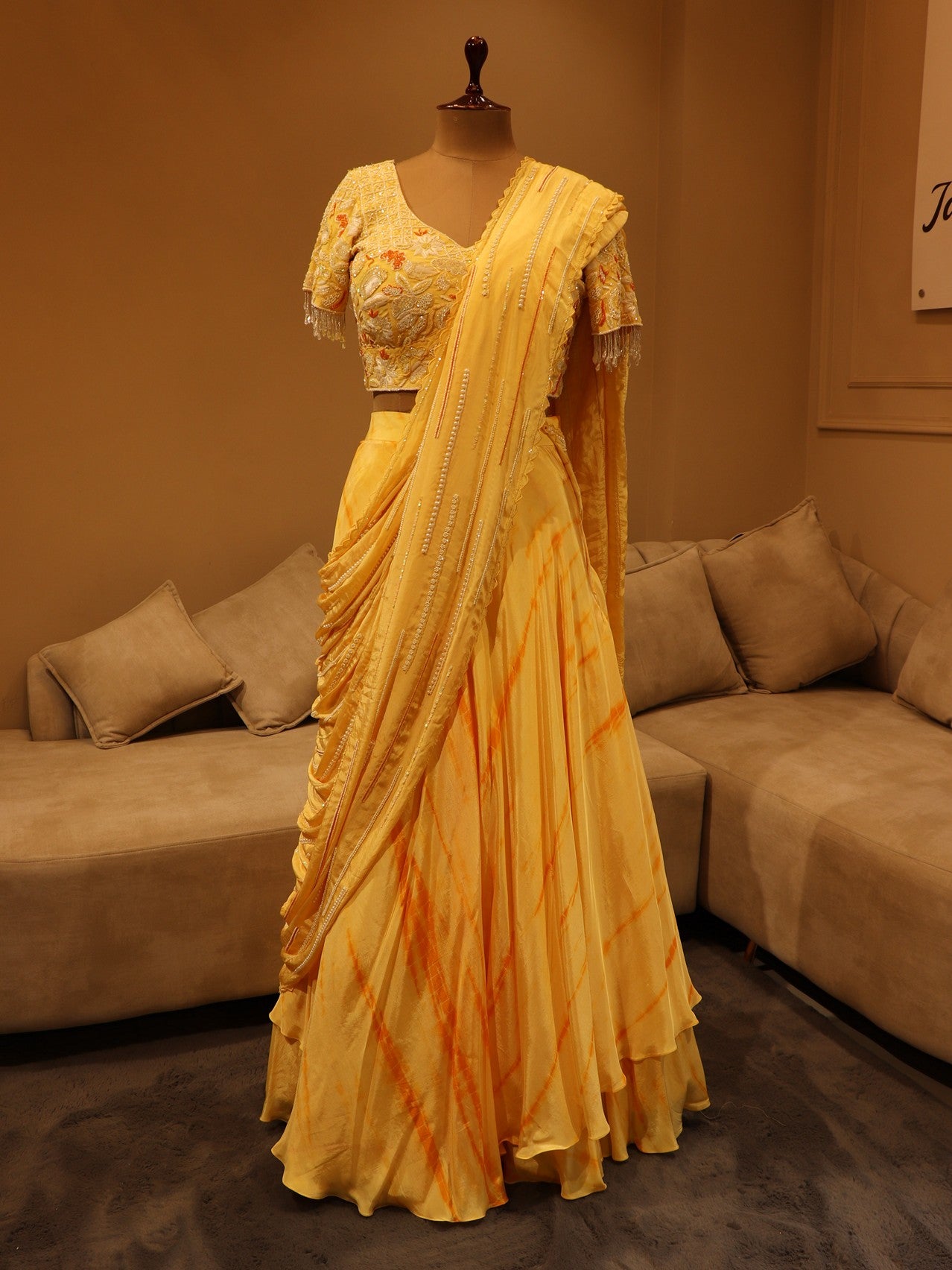 Pastel yellow shibori dye lehenga