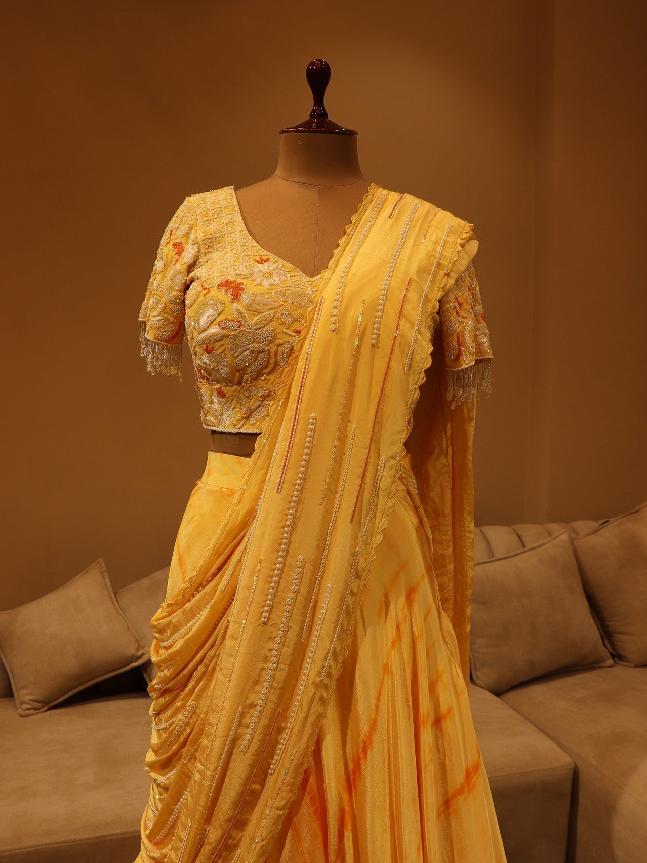 Pastel yellow shibori dye lehenga