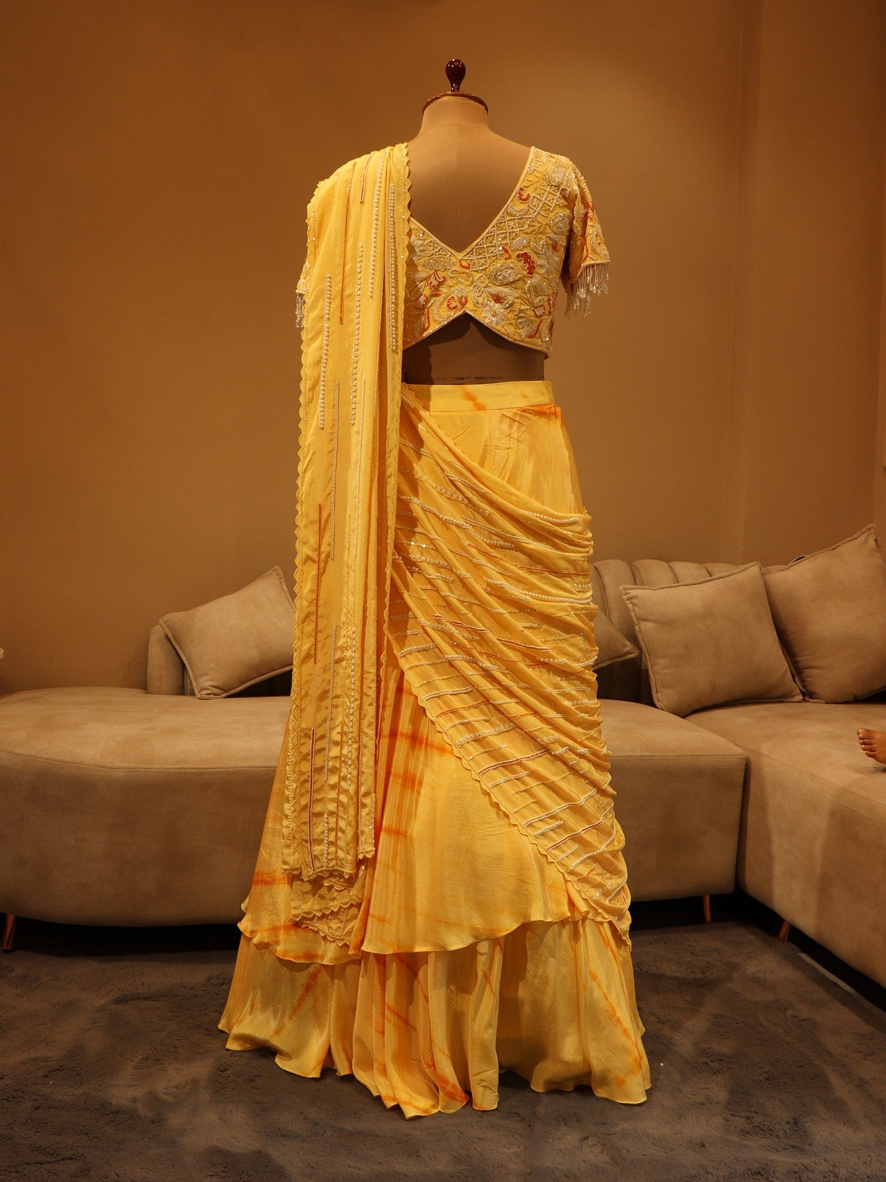 Pastel yellow shibori dye lehenga