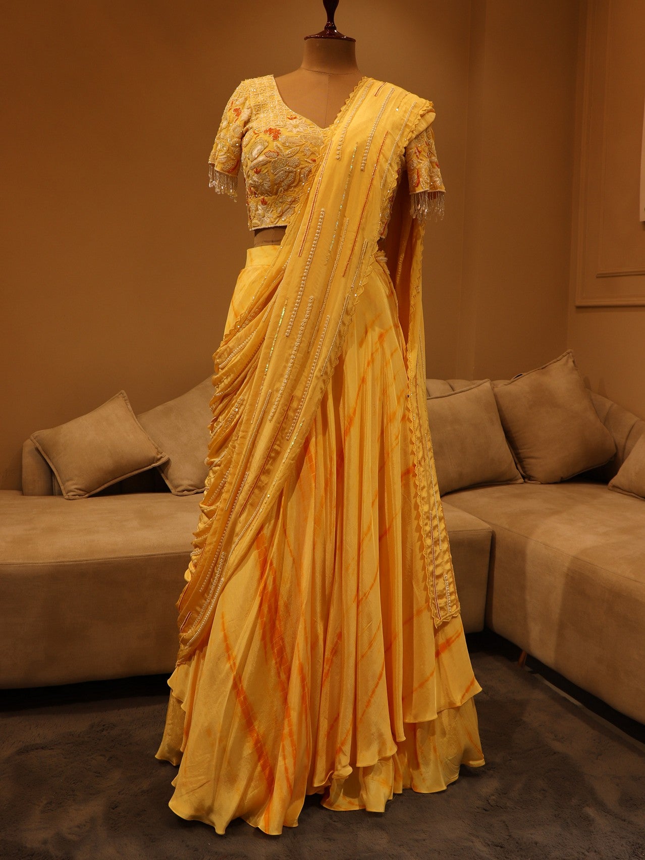 Pastel yellow shibori dye lehenga