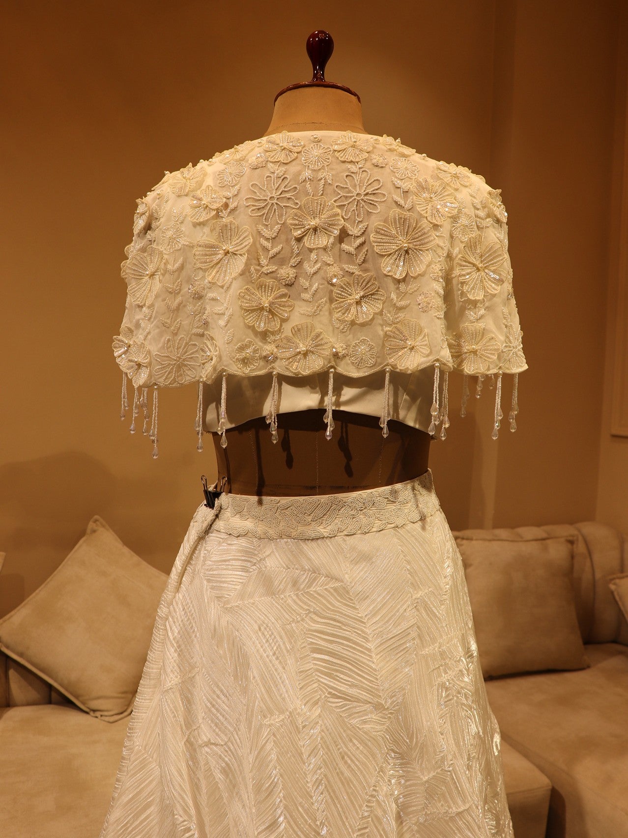 Pearl white crop top skirt with cape