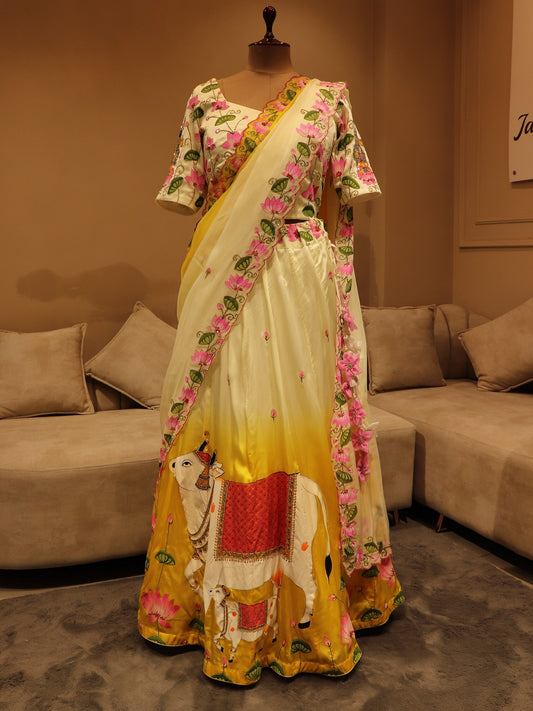 Mustard yellow shaded srinathji pichwai lehenga