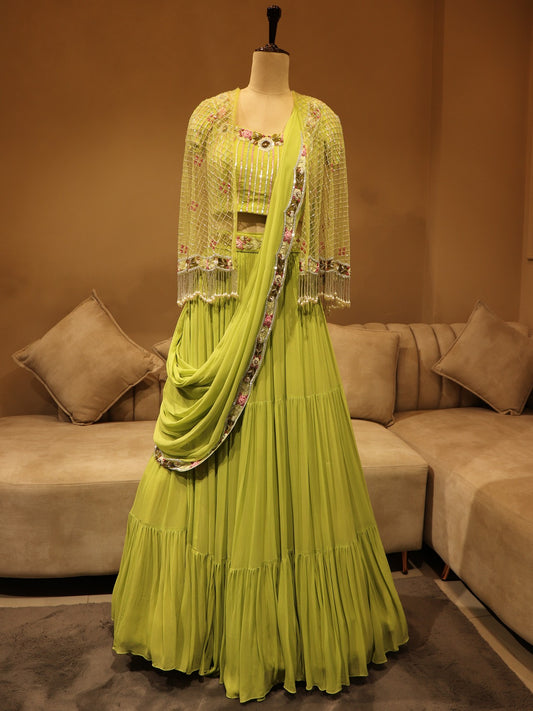 Kiwi green lehenga with cape