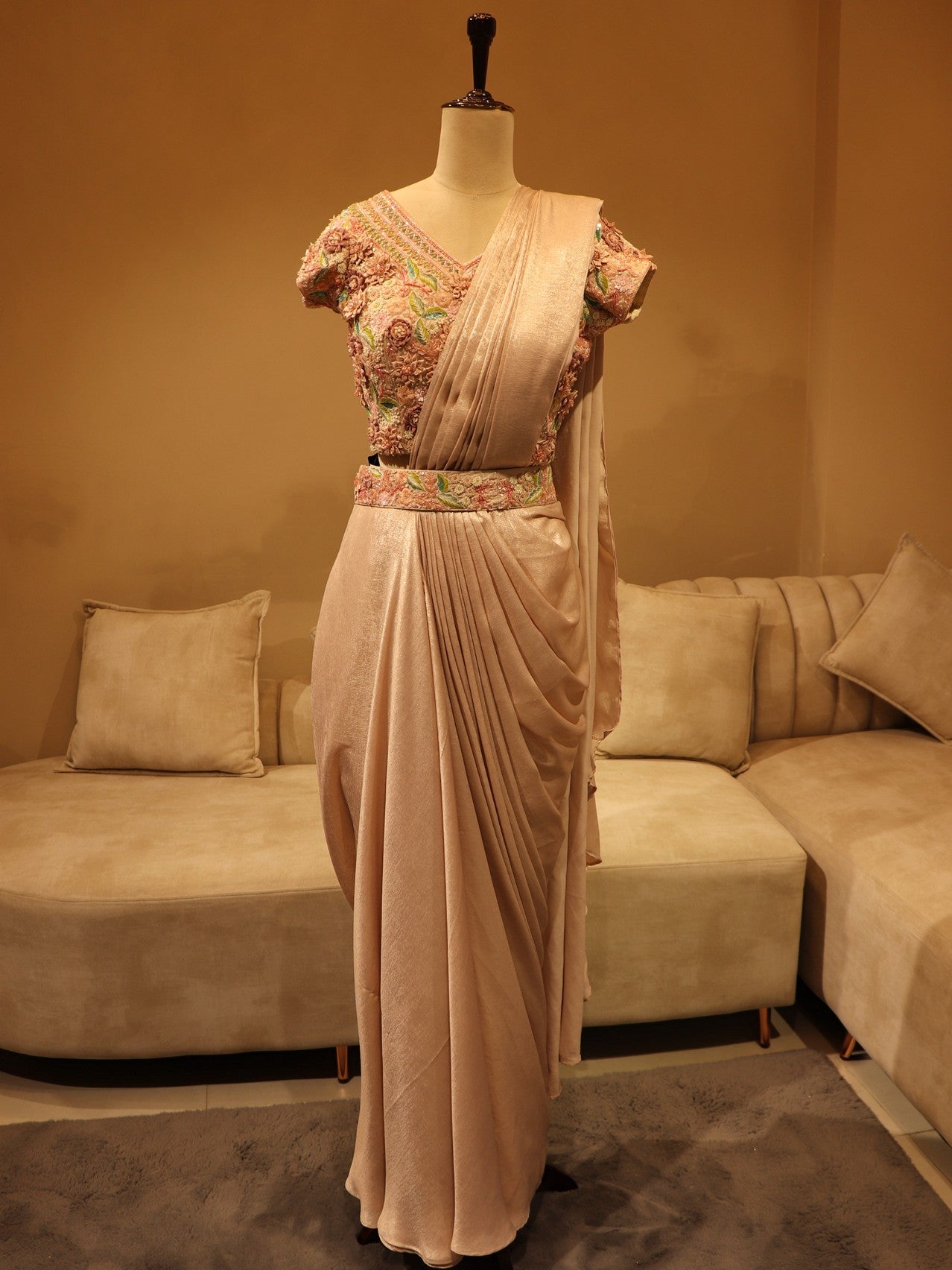 Peachish beige drape saree