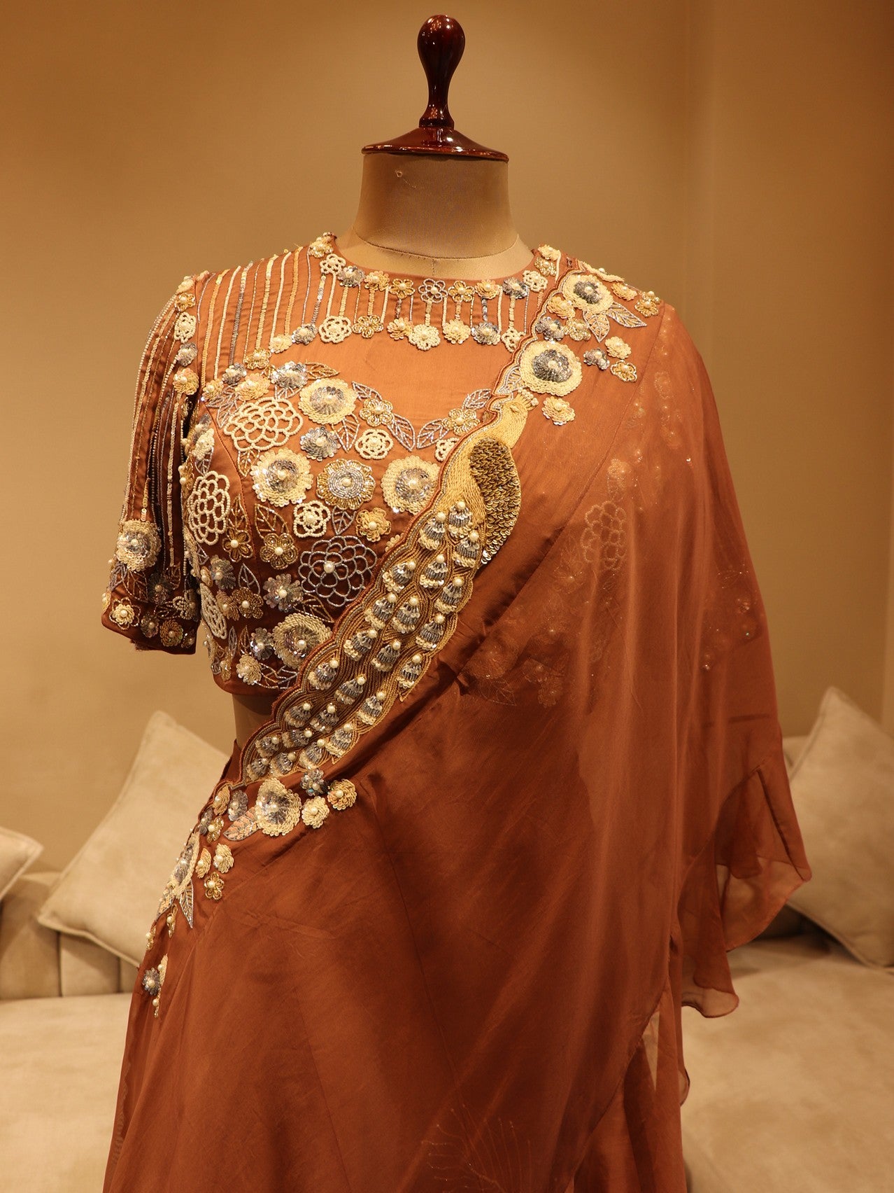 Cherry wood brown lehenga with drape dupatta