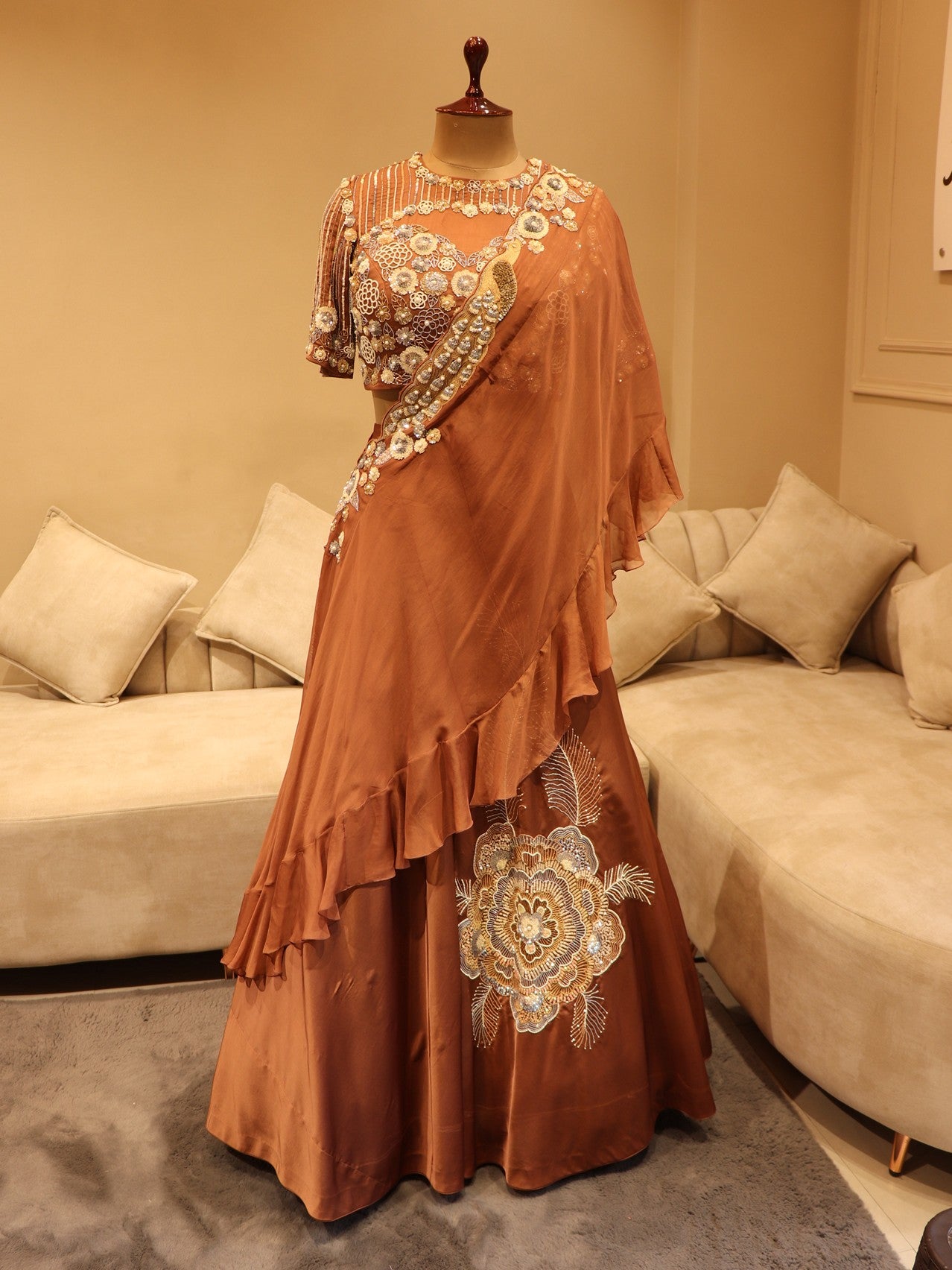 Cherry wood brown lehenga with drape dupatta