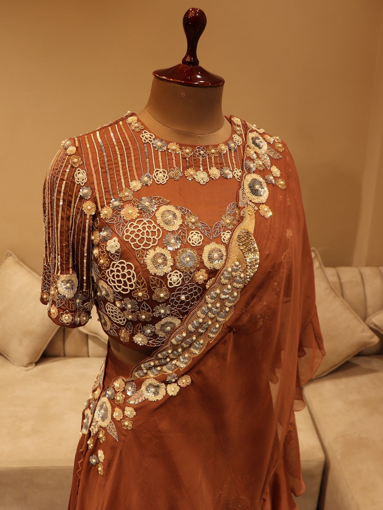 Cherry wood brown lehenga with drape dupatta