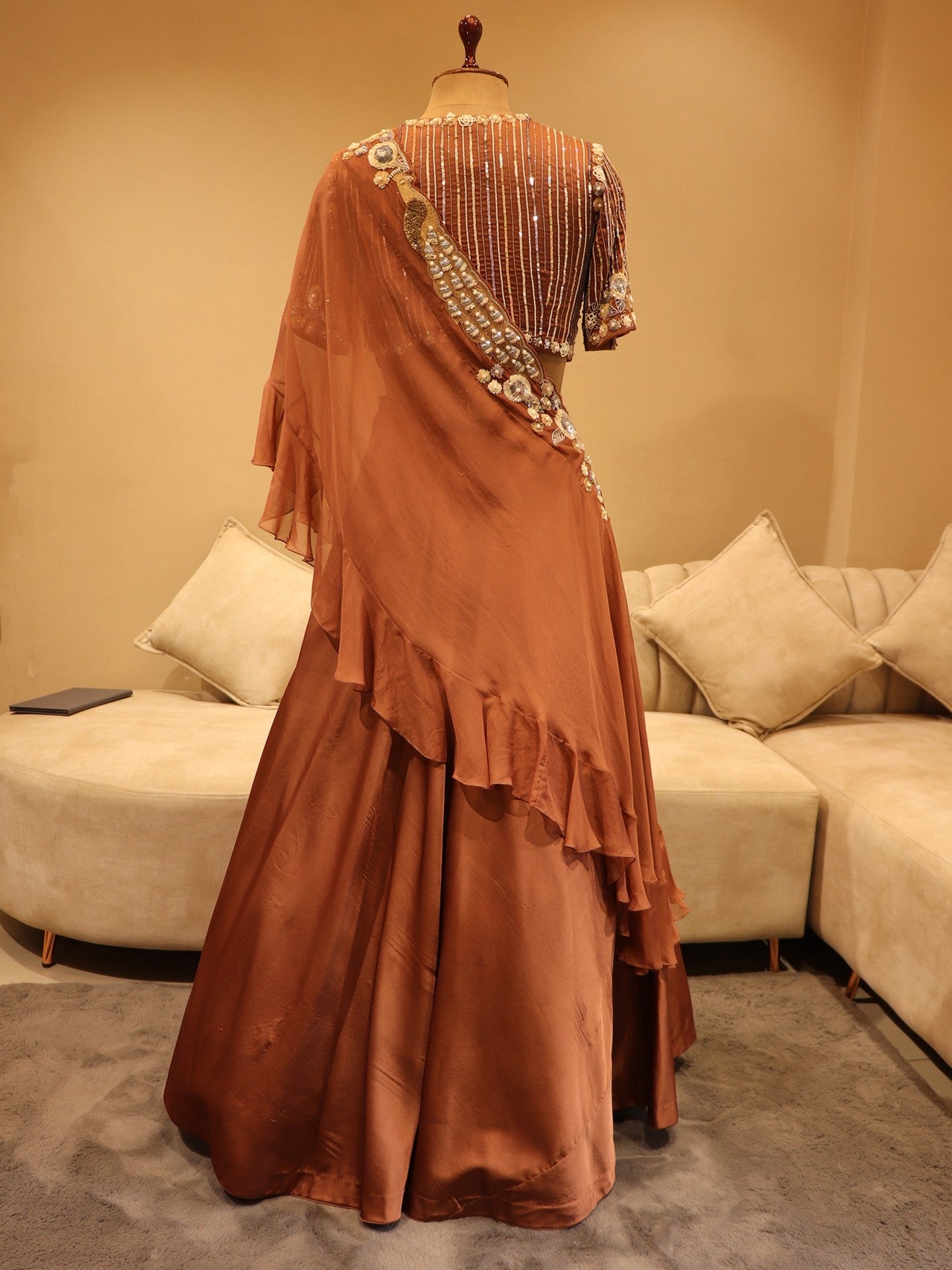 Cherry wood brown lehenga with drape dupatta