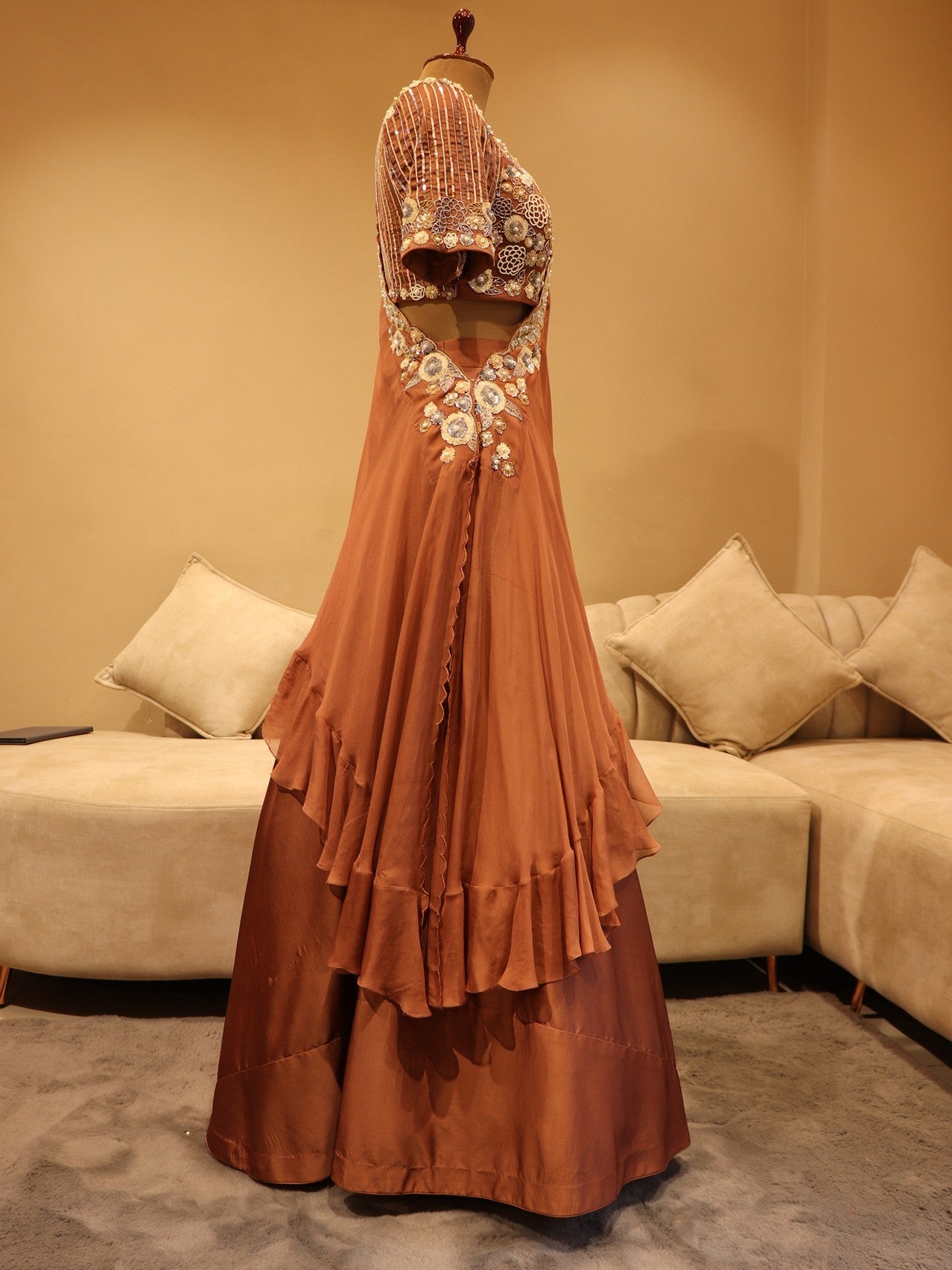 Cherry wood brown lehenga with drape dupatta