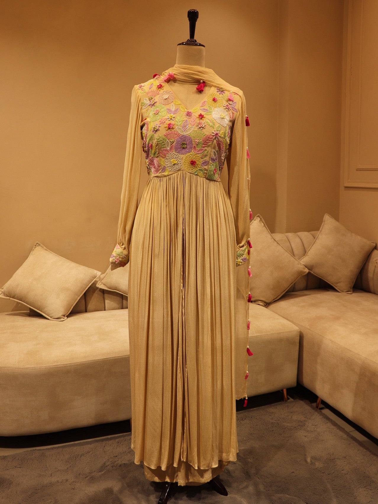 Beige falired top with plazo and dupatta