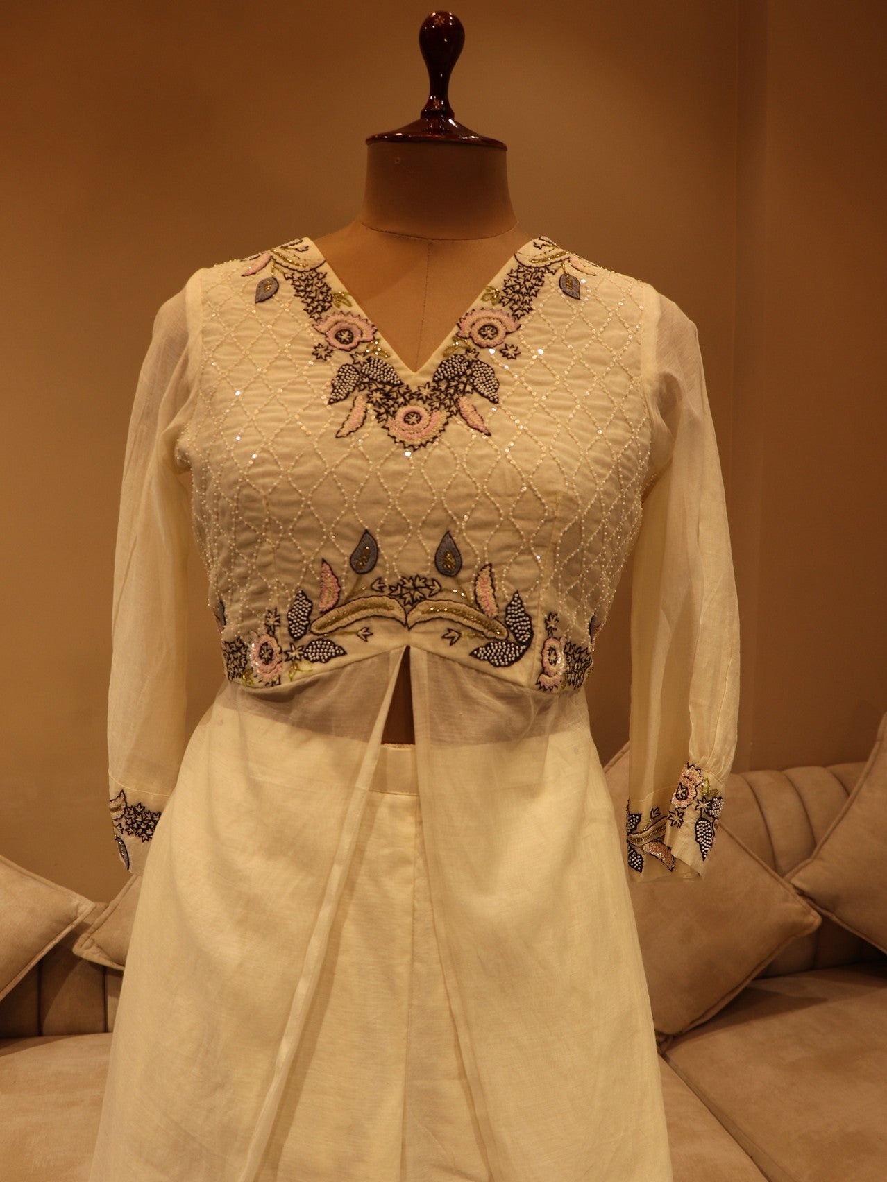 Pearl white flaired top pants and chiffon dupatta