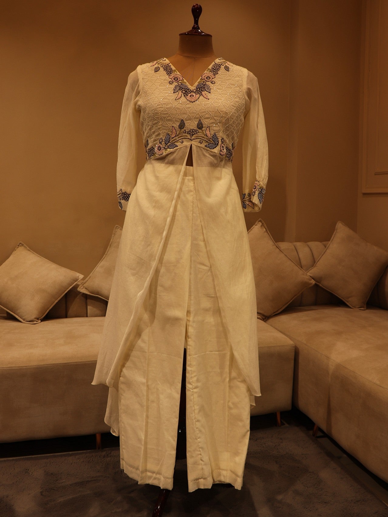 Pearl white flaired top pants and chiffon dupatta