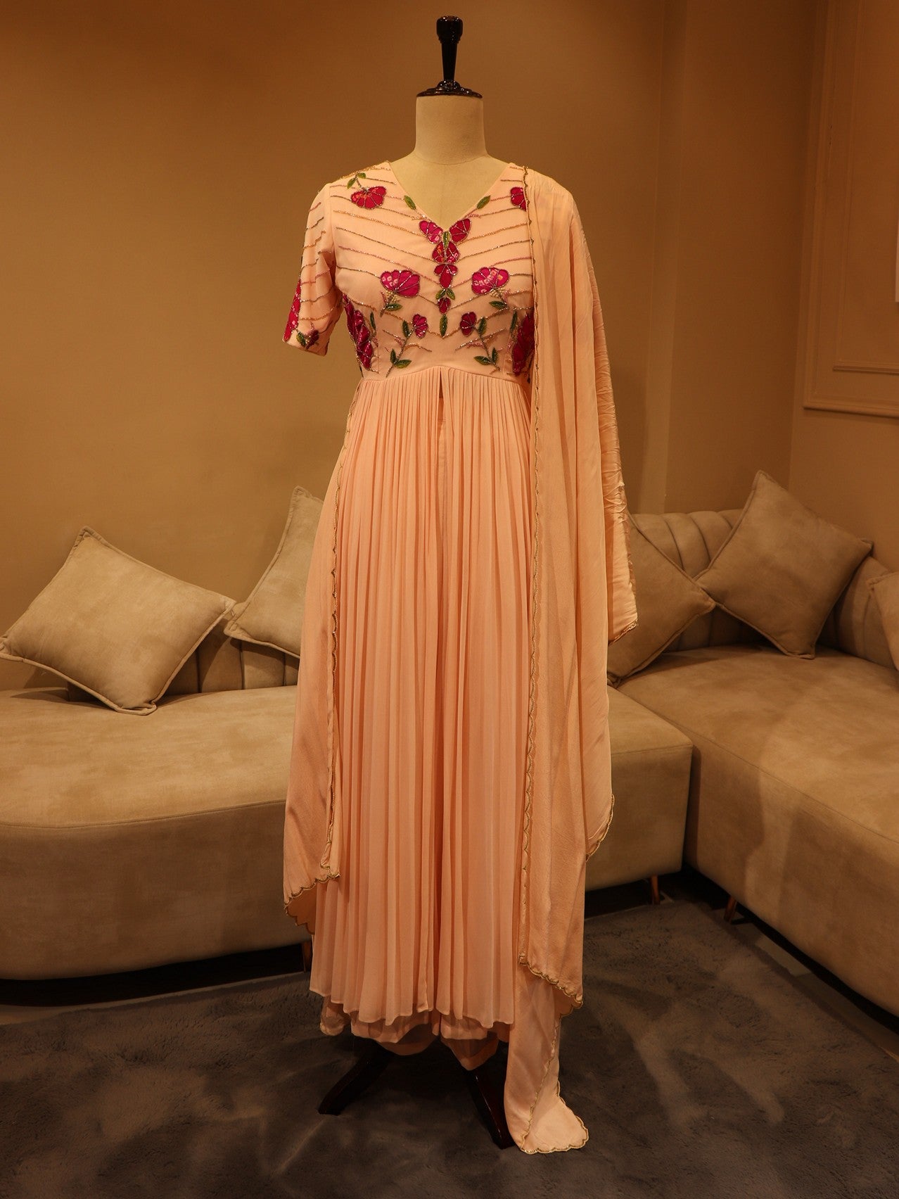 Peach bandhej flaired top with plazo and dupatta