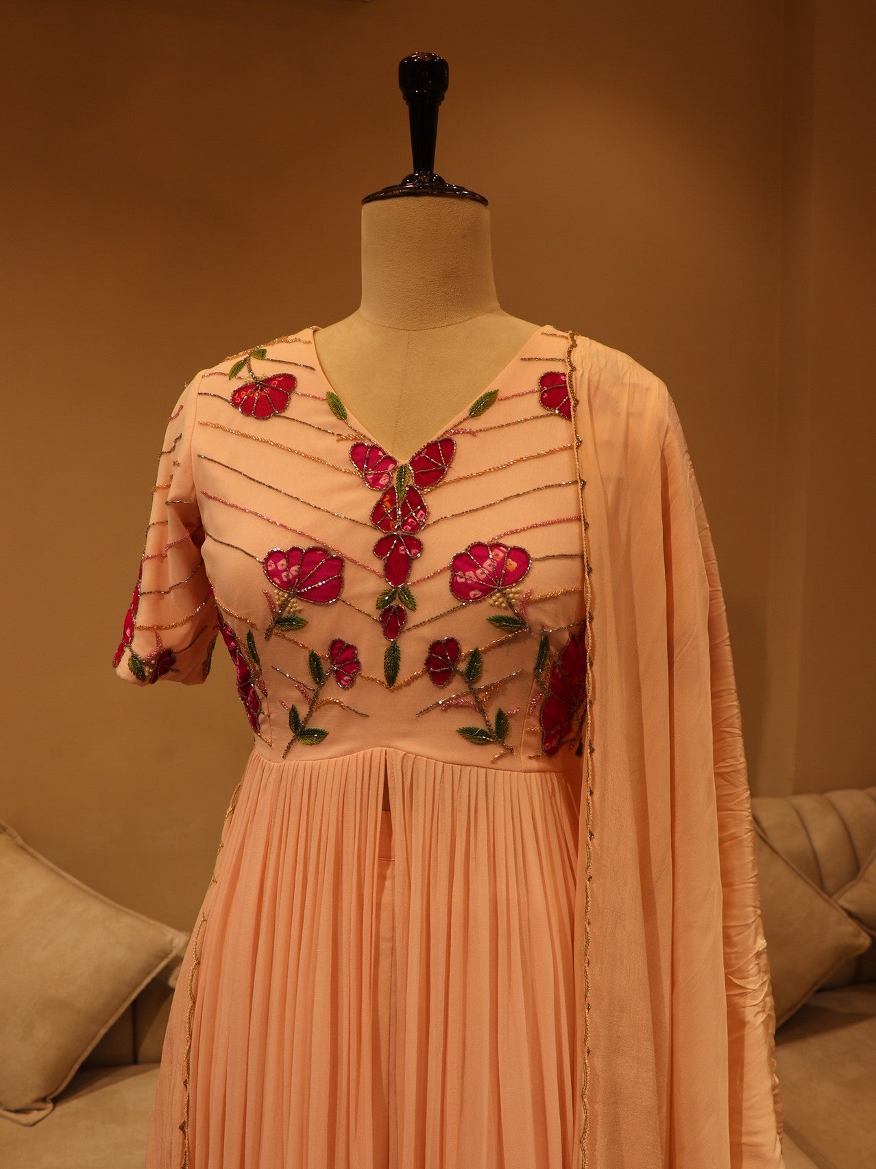 Peach bandhej flaired top with plazo and dupatta