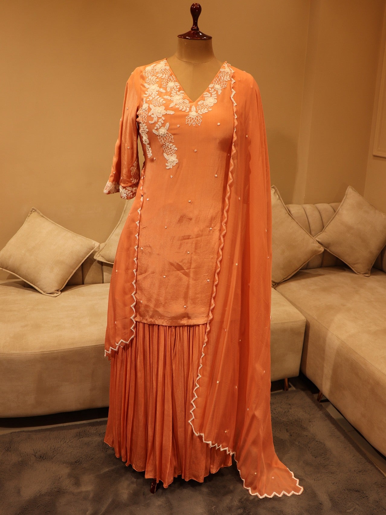 Salmon peach kurta plazo dupatta